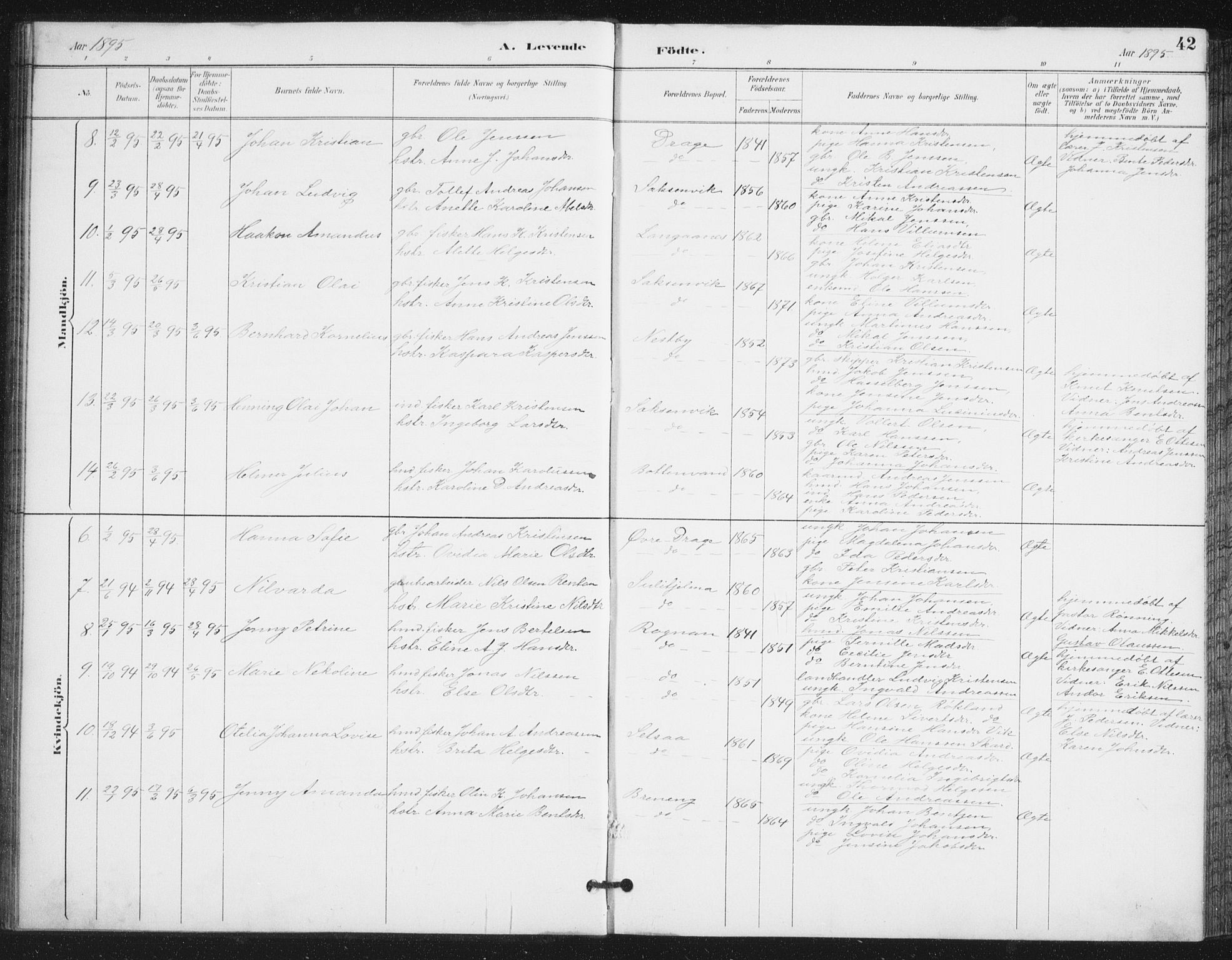 Ministerialprotokoller, klokkerbøker og fødselsregistre - Nordland, SAT/A-1459/847/L0682: Parish register (copy) no. 847C10, 1889-1907, p. 42