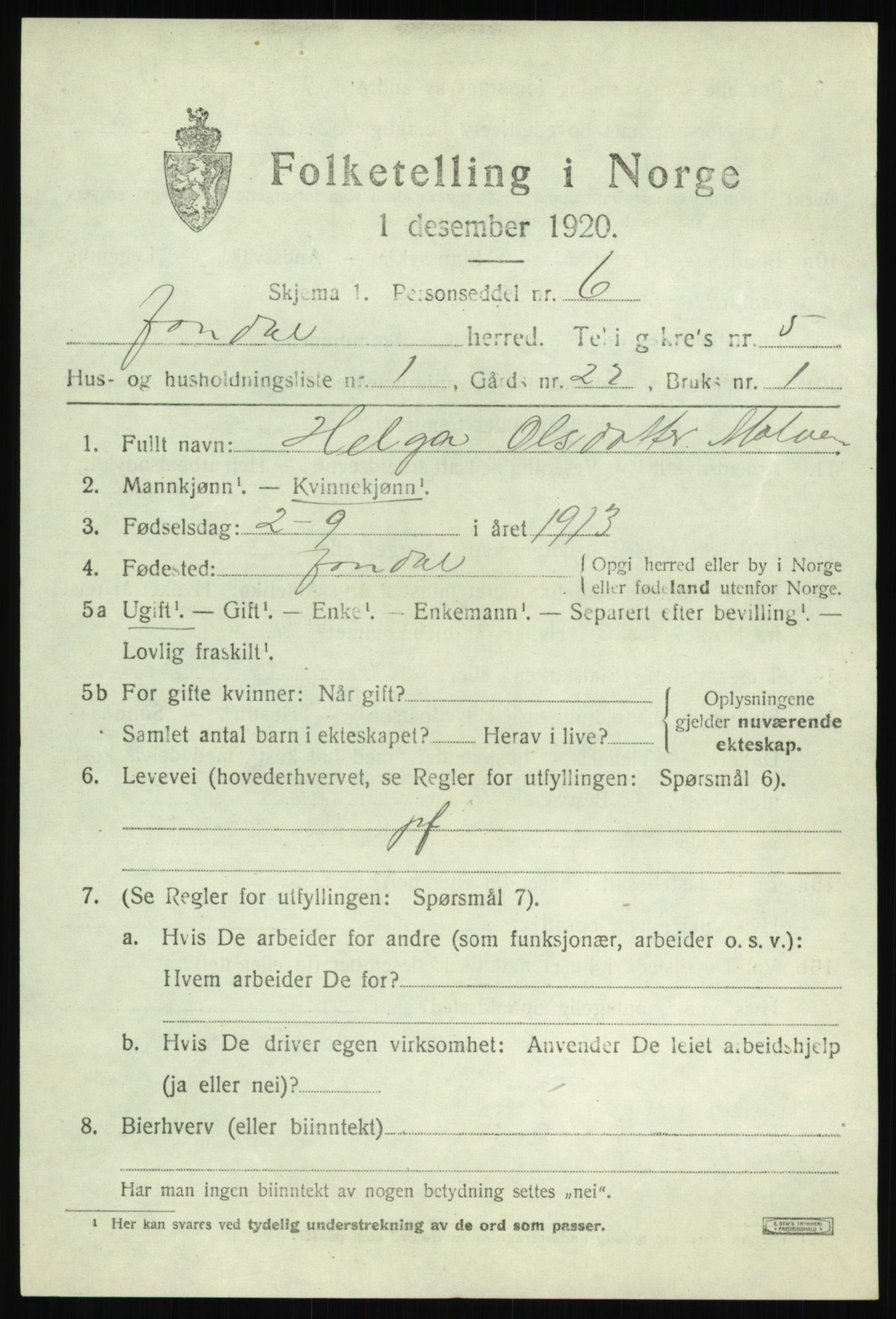 SAB, 1920 census for Jondal, 1920, p. 2502