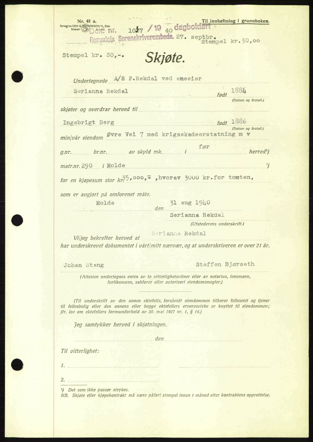 Romsdal sorenskriveri, AV/SAT-A-4149/1/2/2C: Mortgage book no. A8, 1939-1940, Diary no: : 1037/1940