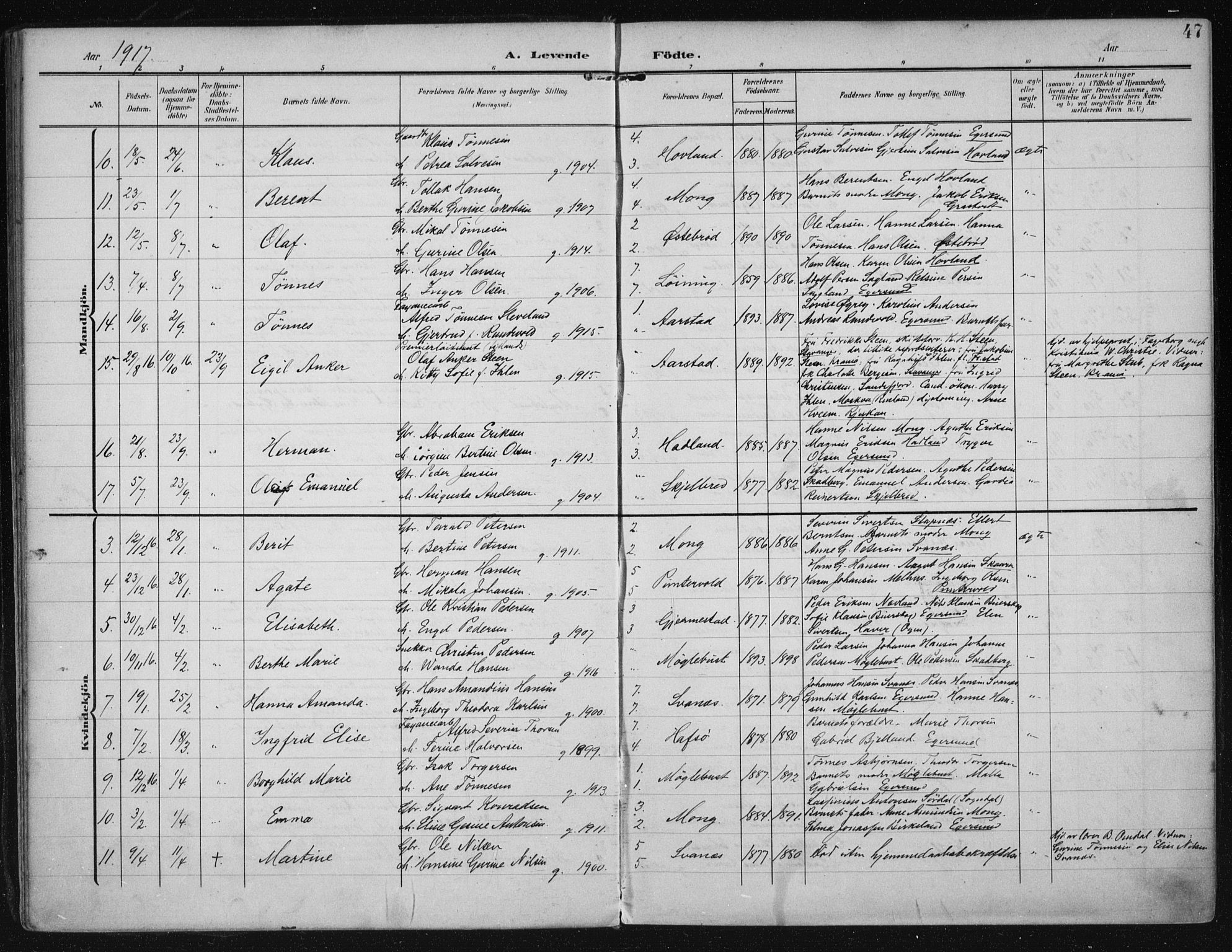 Eigersund sokneprestkontor, AV/SAST-A-101807/001/30/30BA/L0021: Parish register (official) no. A 20, 1906-1928, p. 47