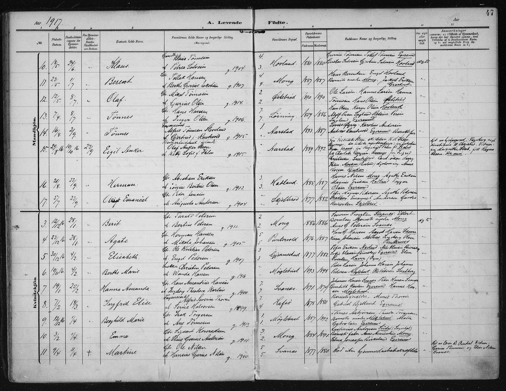 Eigersund sokneprestkontor, SAST/A-101807/S08/L0021: Parish register (official) no. A 20, 1906-1928, p. 47