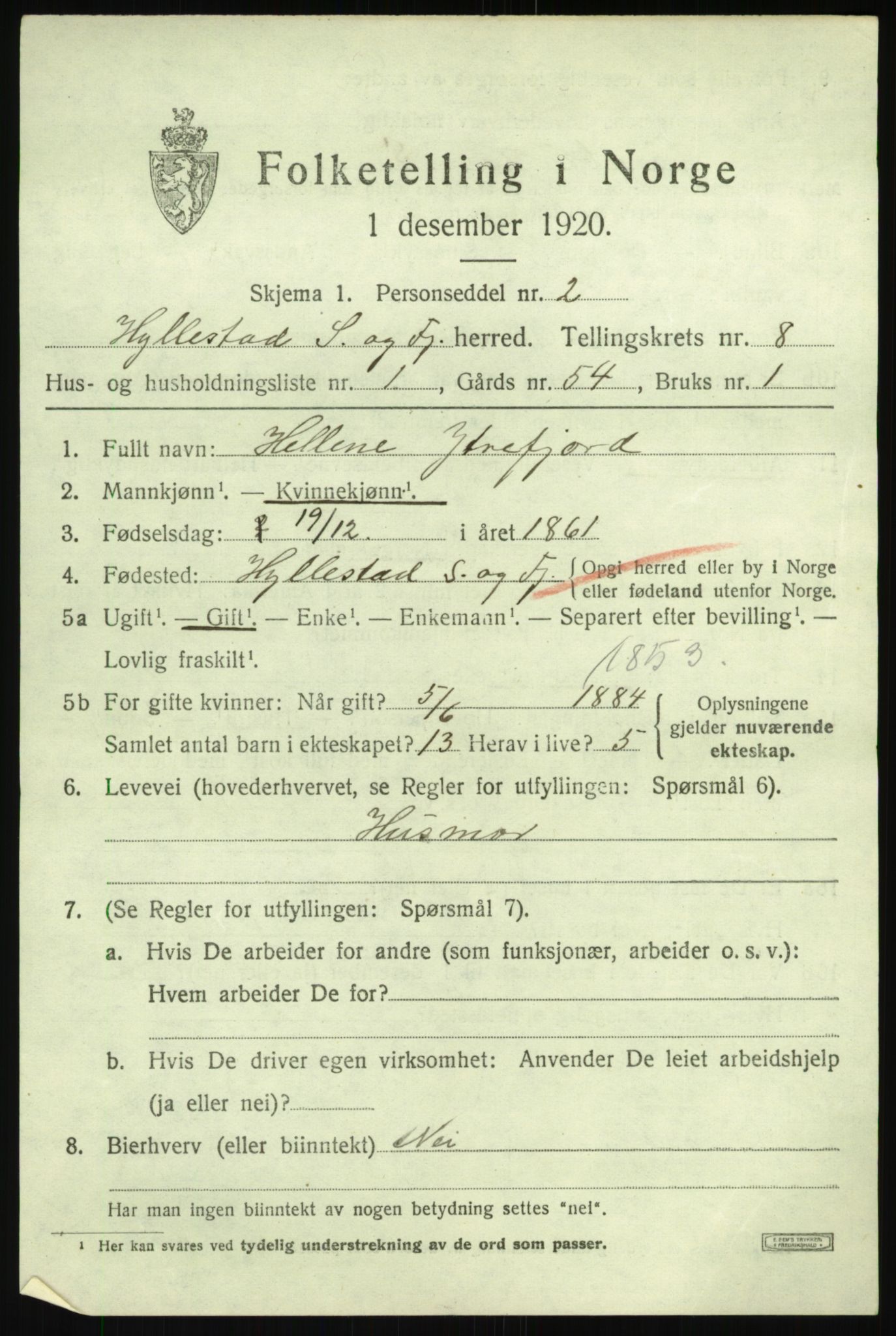 SAB, 1920 census for Hyllestad, 1920, p. 3230