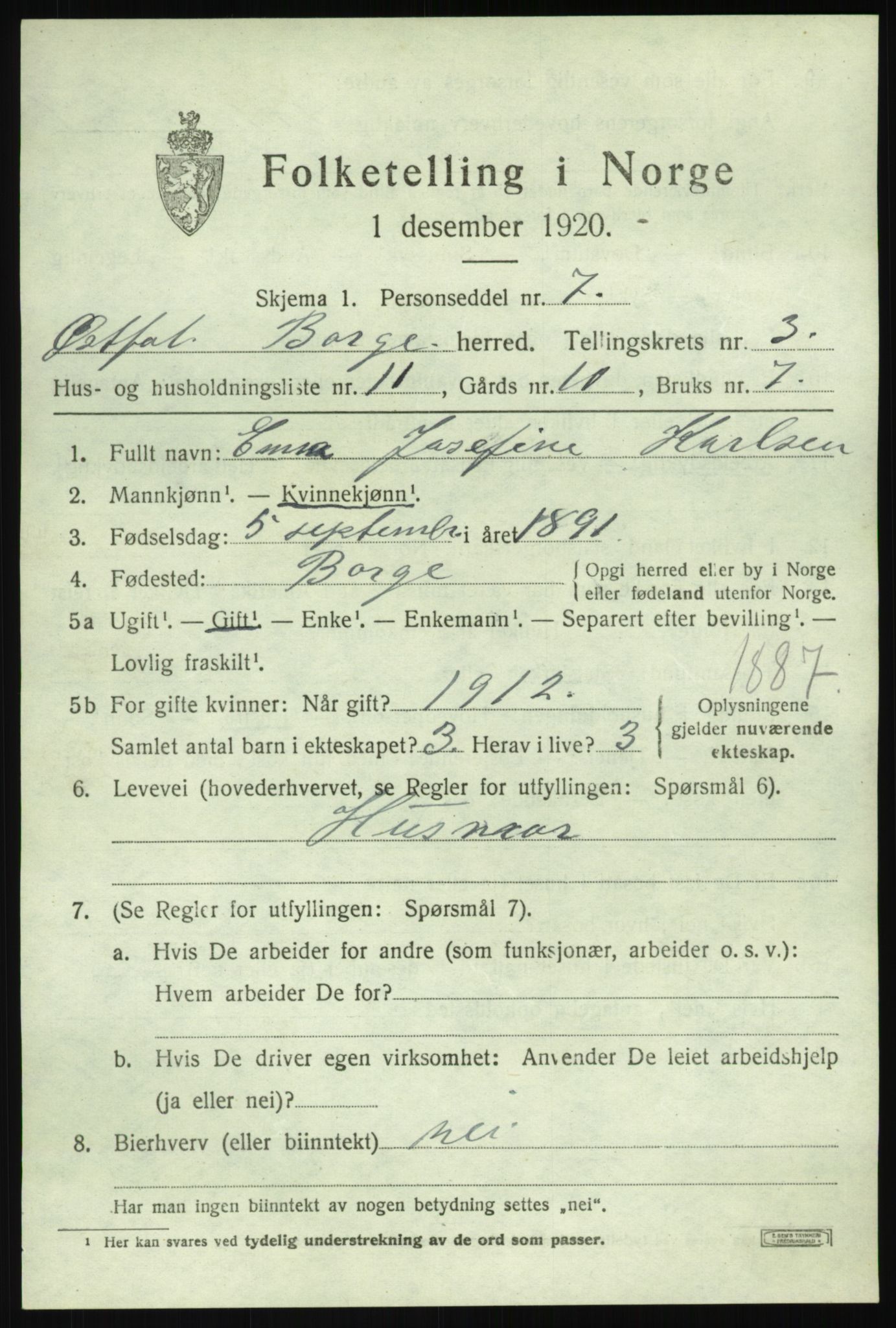 SAO, 1920 census for Borge, 1920, p. 3437