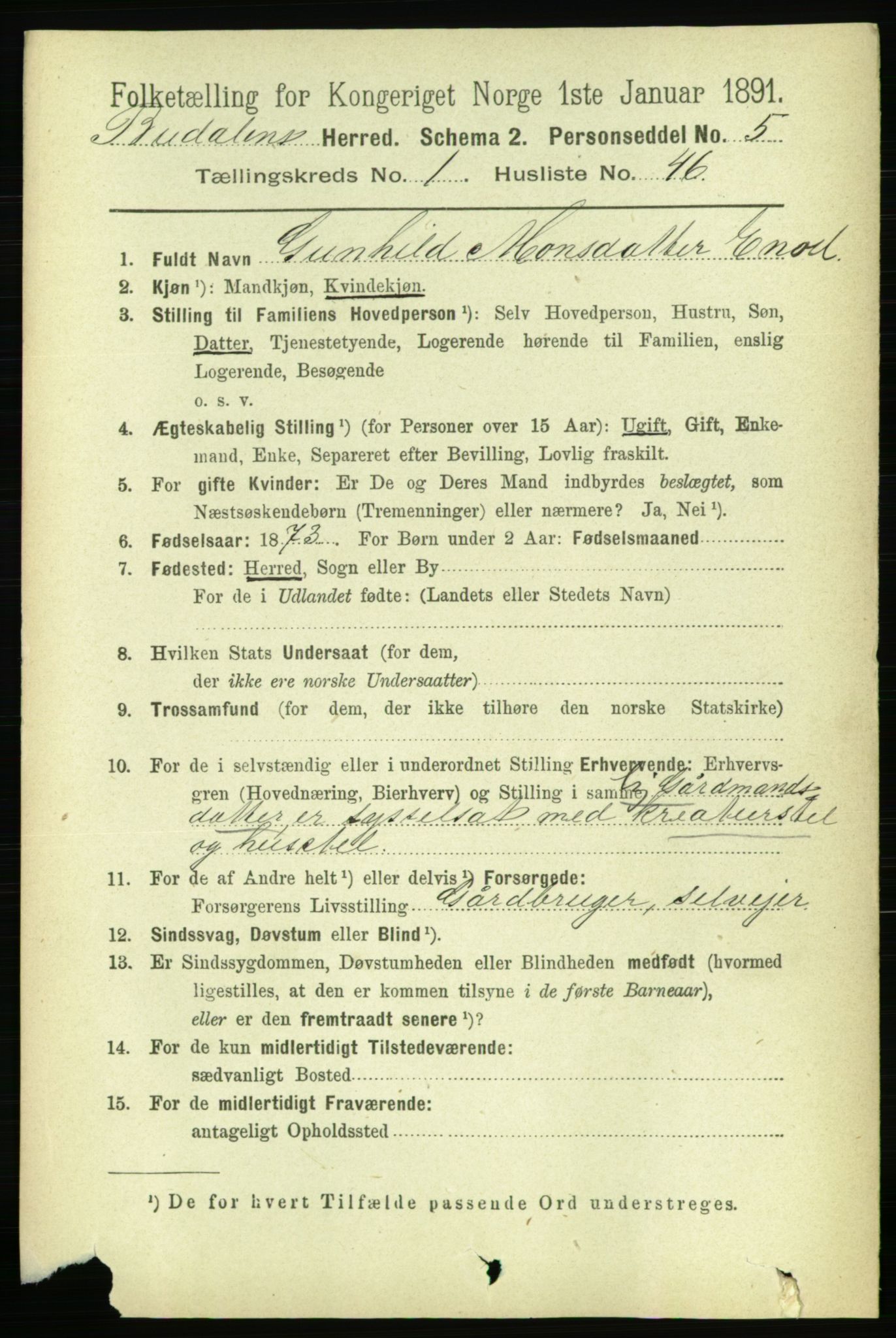 RA, 1891 census for 1647 Budal, 1891, p. 374