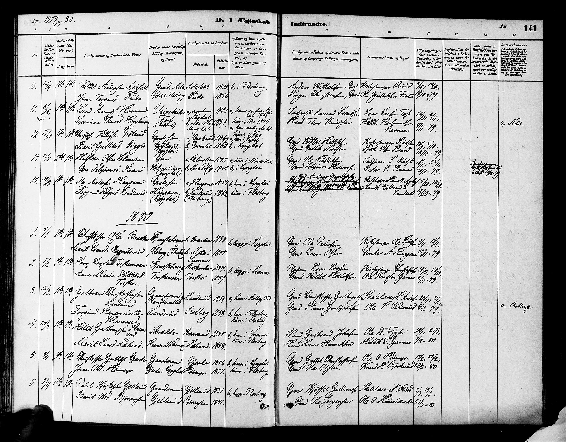 Flesberg kirkebøker, AV/SAKO-A-18/F/Fa/L0008: Parish register (official) no. I 8, 1879-1899, p. 141