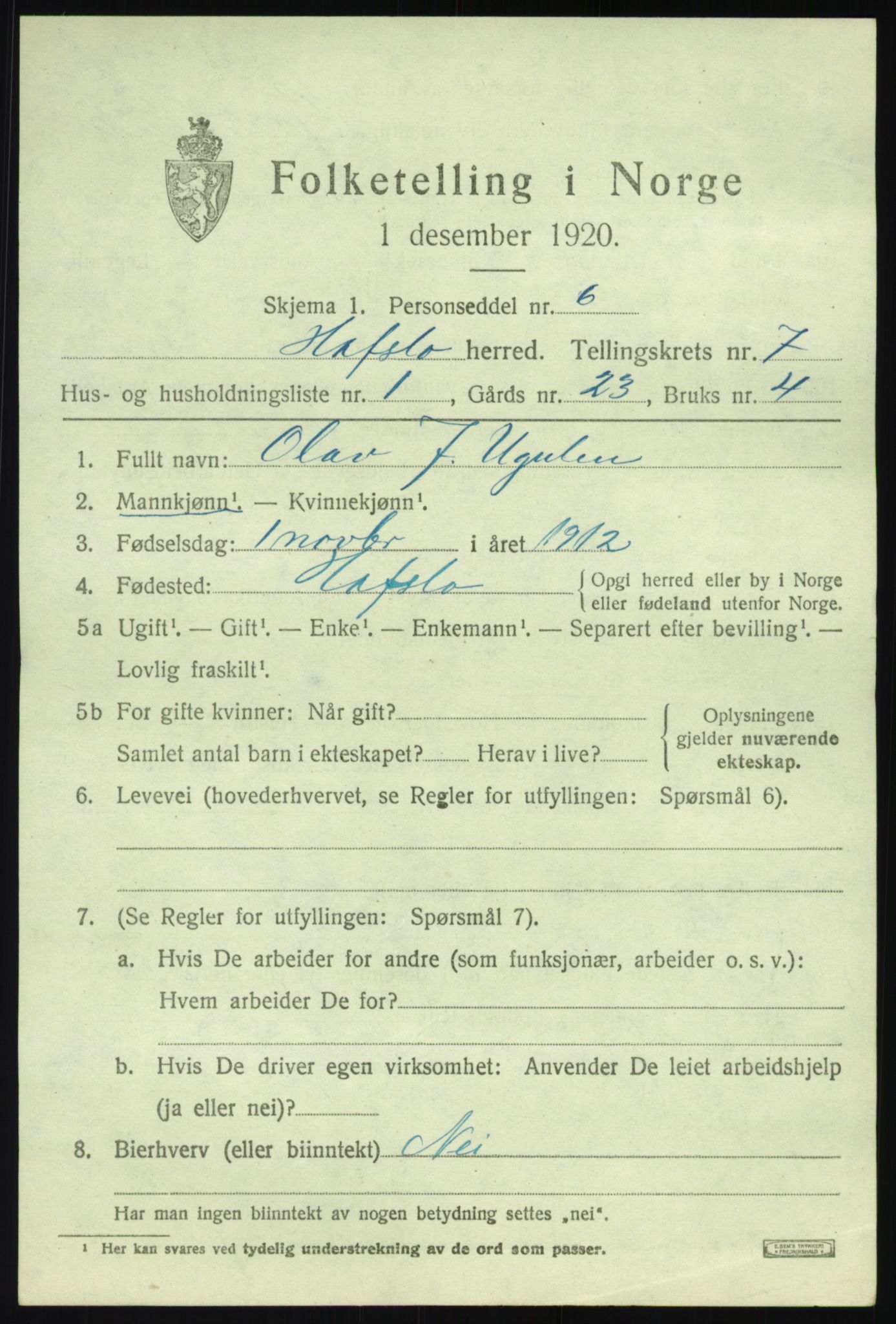 SAB, 1920 census for Hafslo, 1920, p. 5098