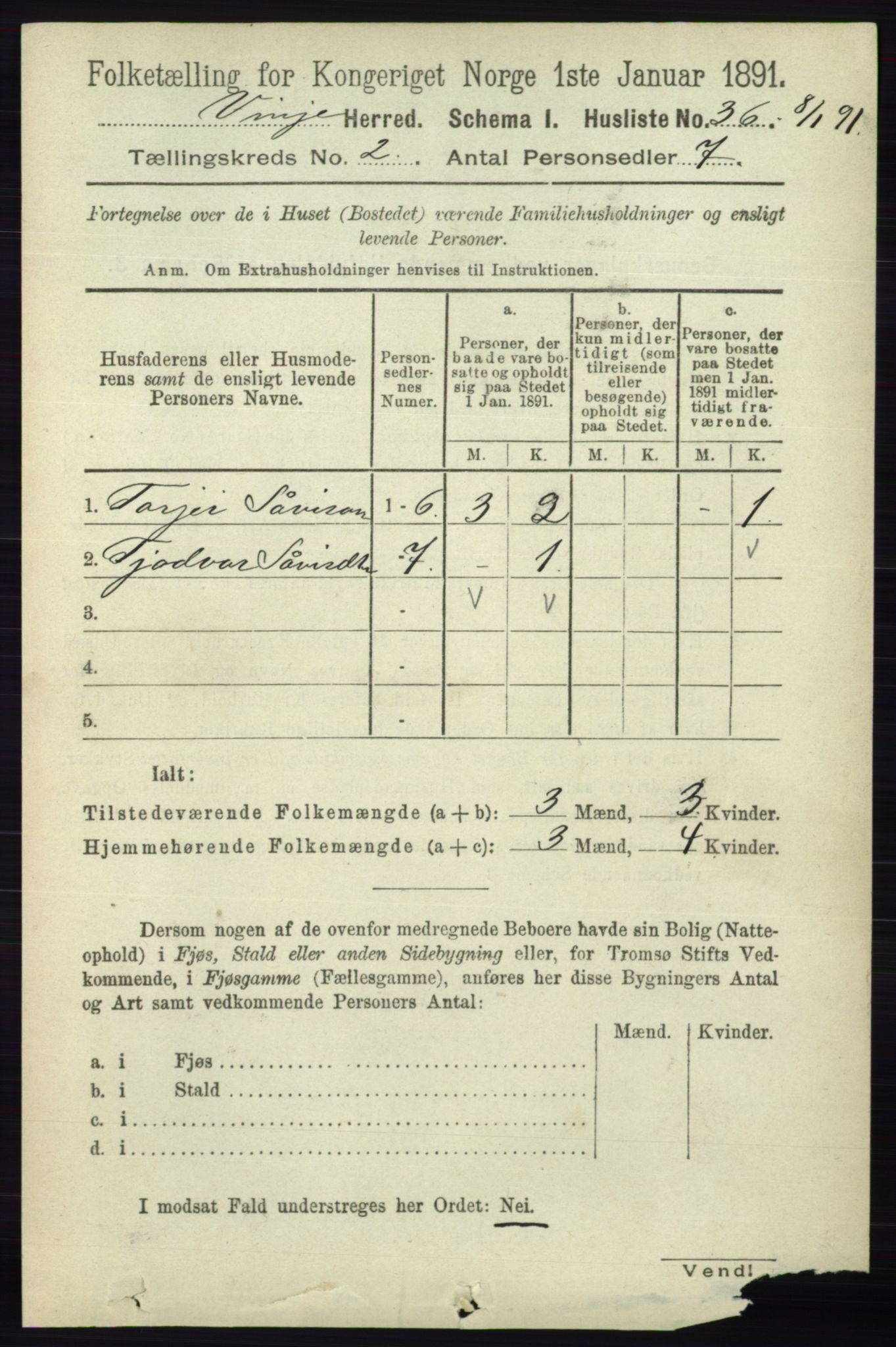 RA, 1891 census for 0834 Vinje, 1891, p. 353