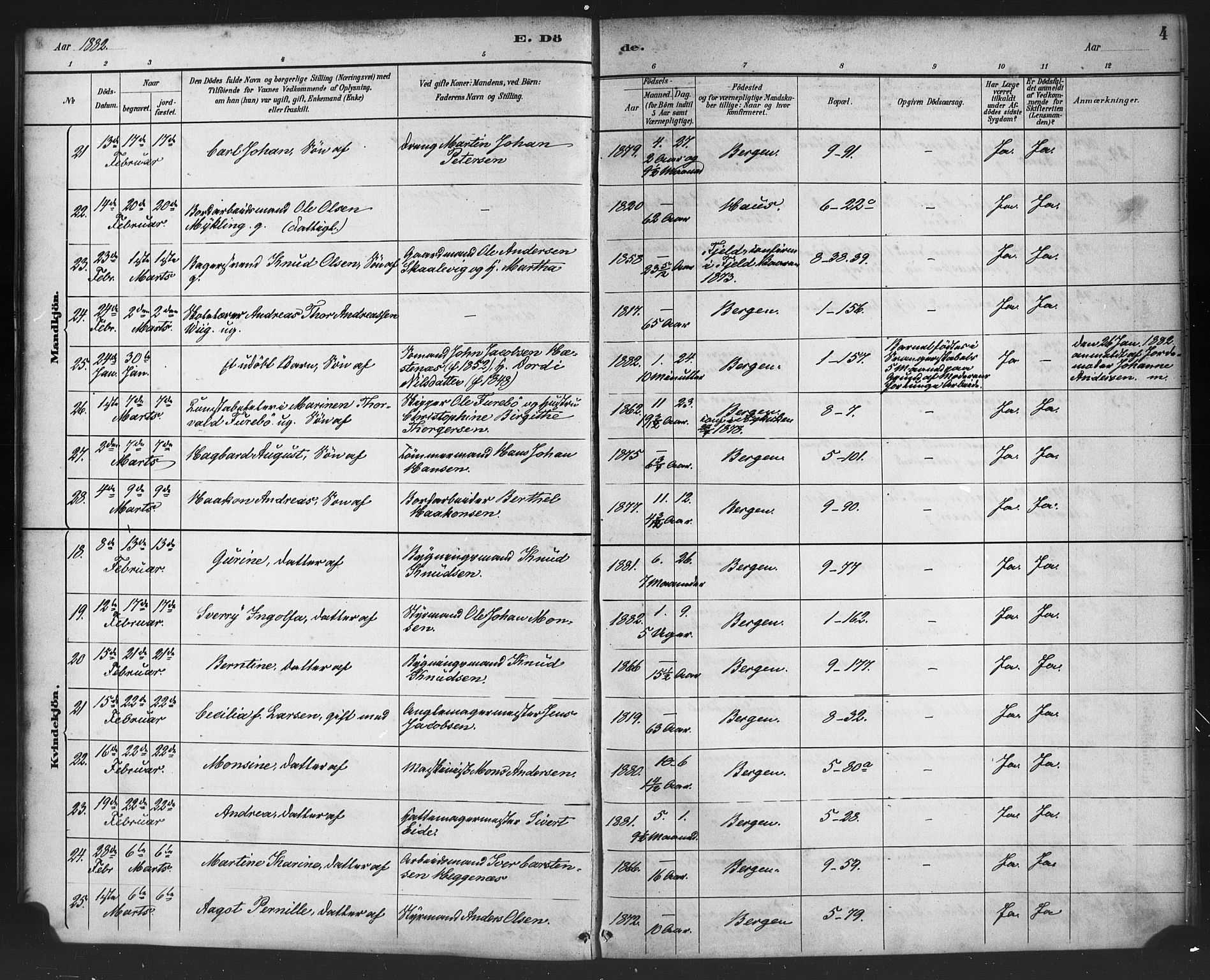 Nykirken Sokneprestembete, AV/SAB-A-77101/H/Haa/L0044: Parish register (official) no. E 4, 1882-1898, p. 4