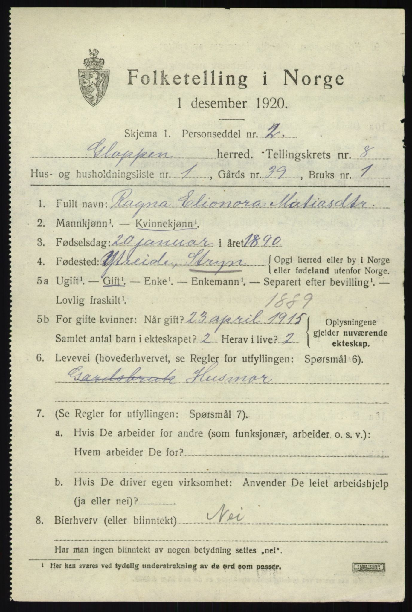 SAB, 1920 census for Gloppen, 1920, p. 4554