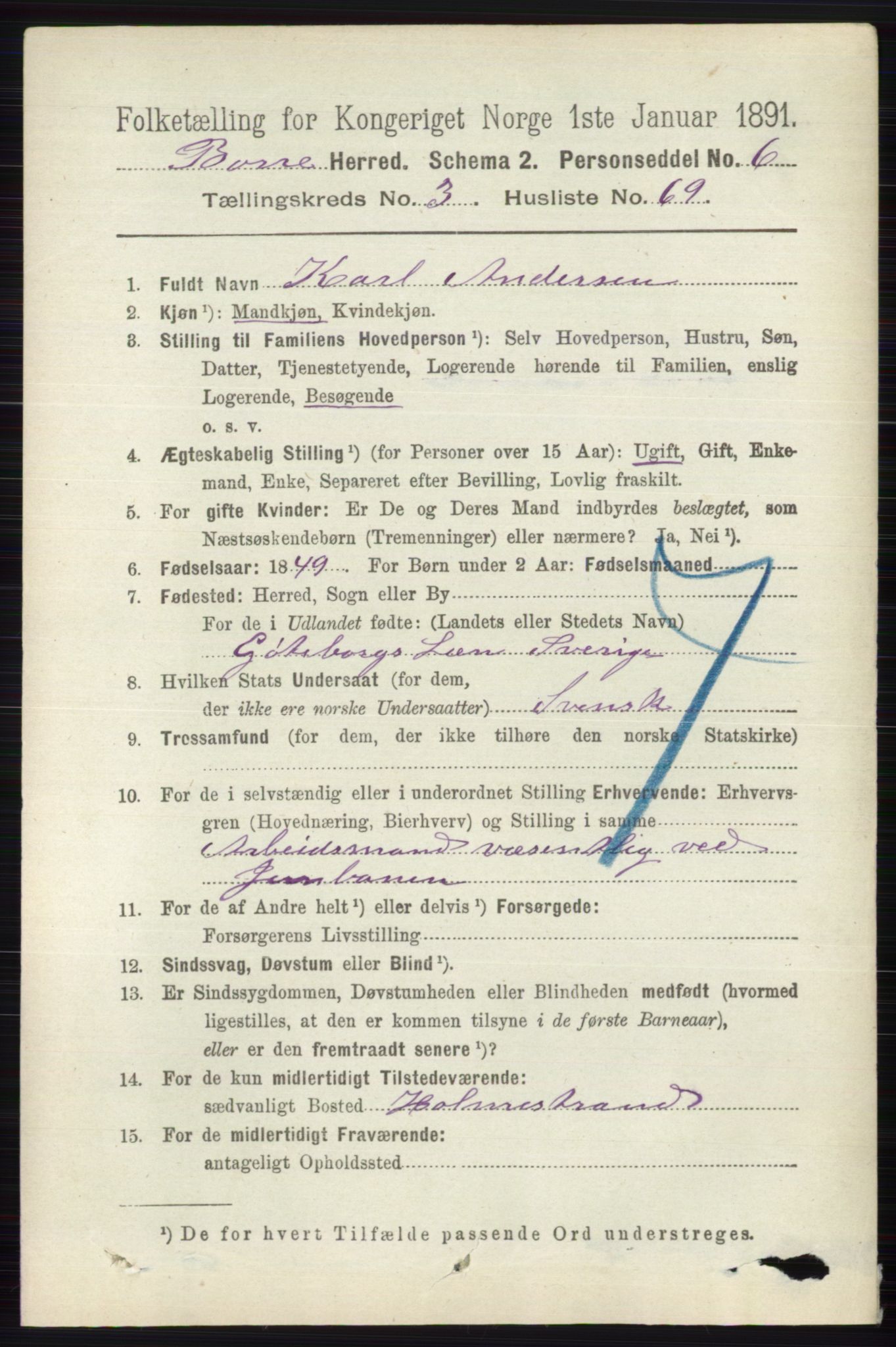 RA, 1891 census for 0717 Borre, 1891, p. 1615