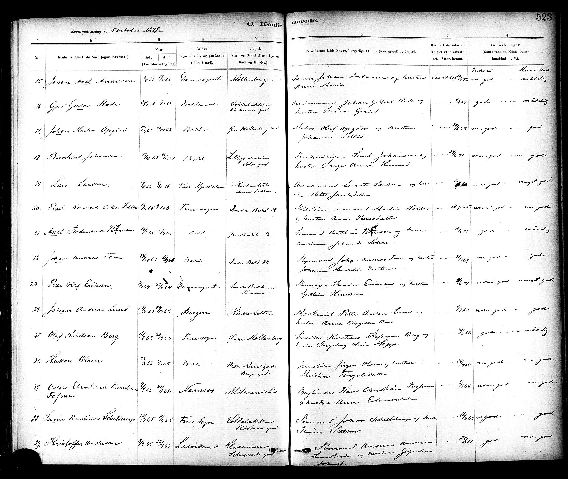 Ministerialprotokoller, klokkerbøker og fødselsregistre - Sør-Trøndelag, AV/SAT-A-1456/604/L0188: Parish register (official) no. 604A09, 1878-1892, p. 523