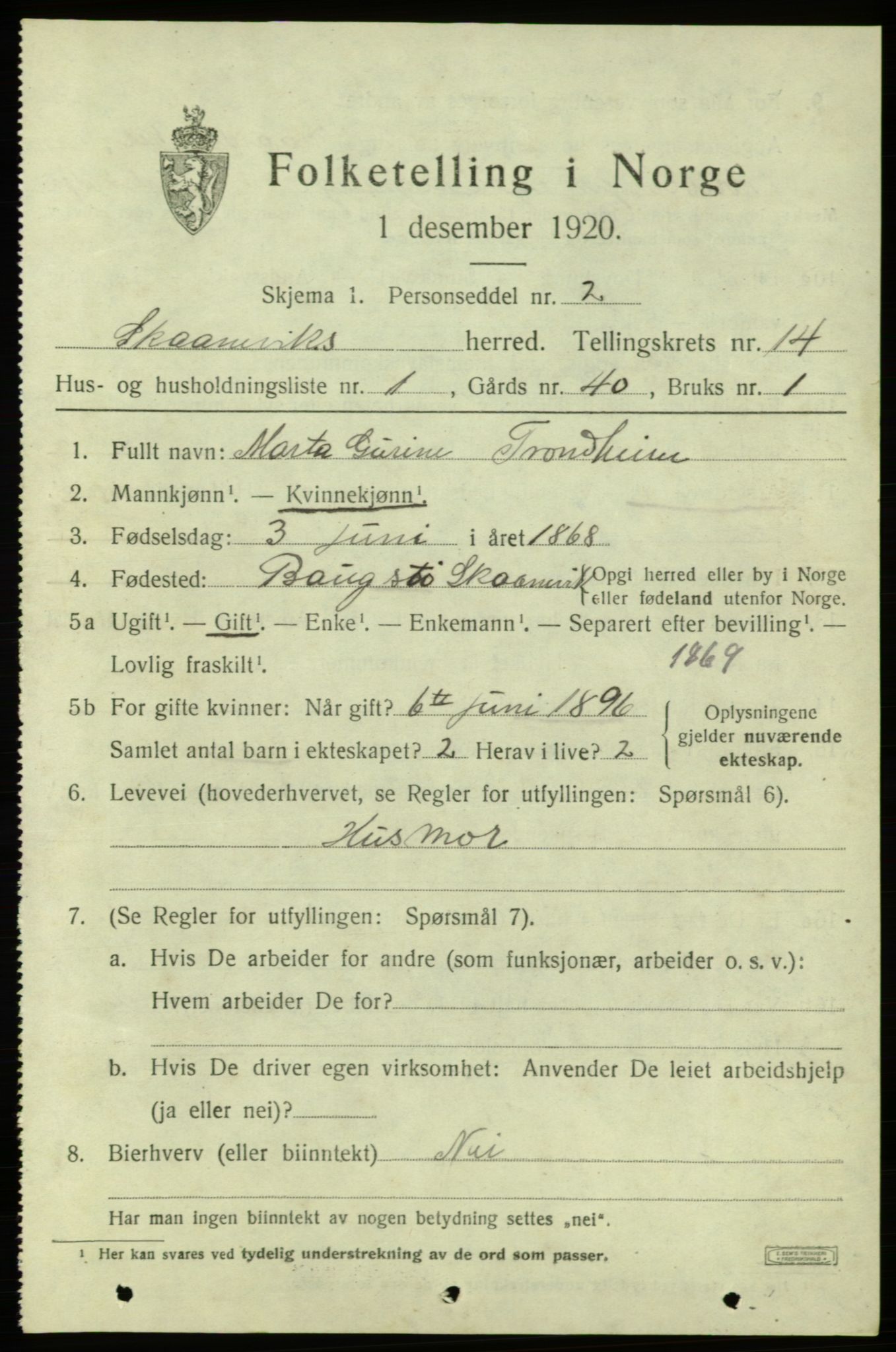 SAB, 1920 census for Skånevik, 1920, p. 6015