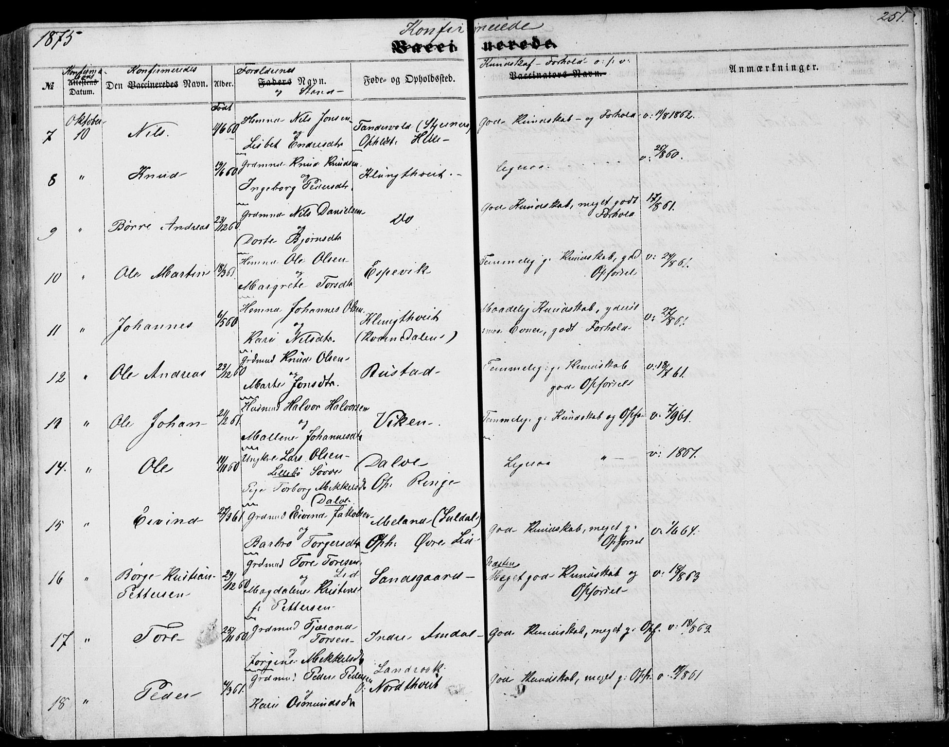 Nedstrand sokneprestkontor, AV/SAST-A-101841/01/IV: Parish register (official) no. A 9, 1861-1876, p. 251