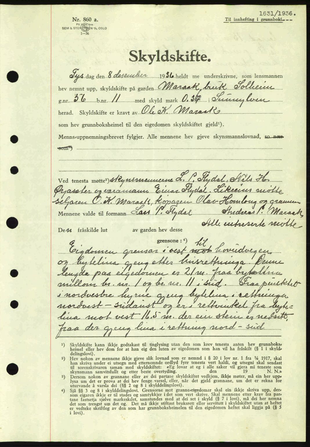 Nordre Sunnmøre sorenskriveri, AV/SAT-A-0006/1/2/2C/2Ca: Mortgage book no. A2, 1936-1937, Diary no: : 1631/1936