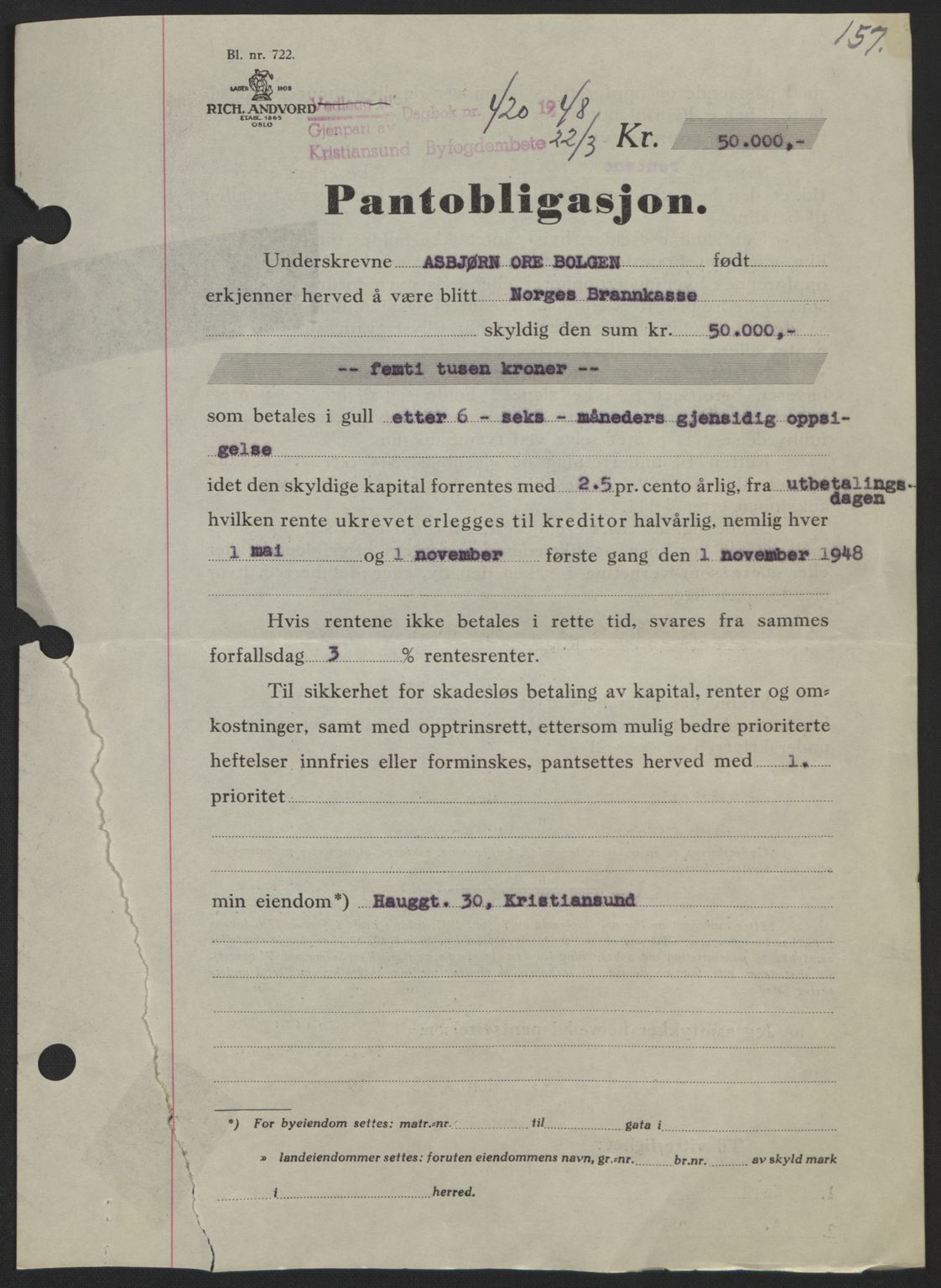 Kristiansund byfogd, AV/SAT-A-4587/A/27: Mortgage book no. 44, 1947-1948, Diary no: : 420/1948