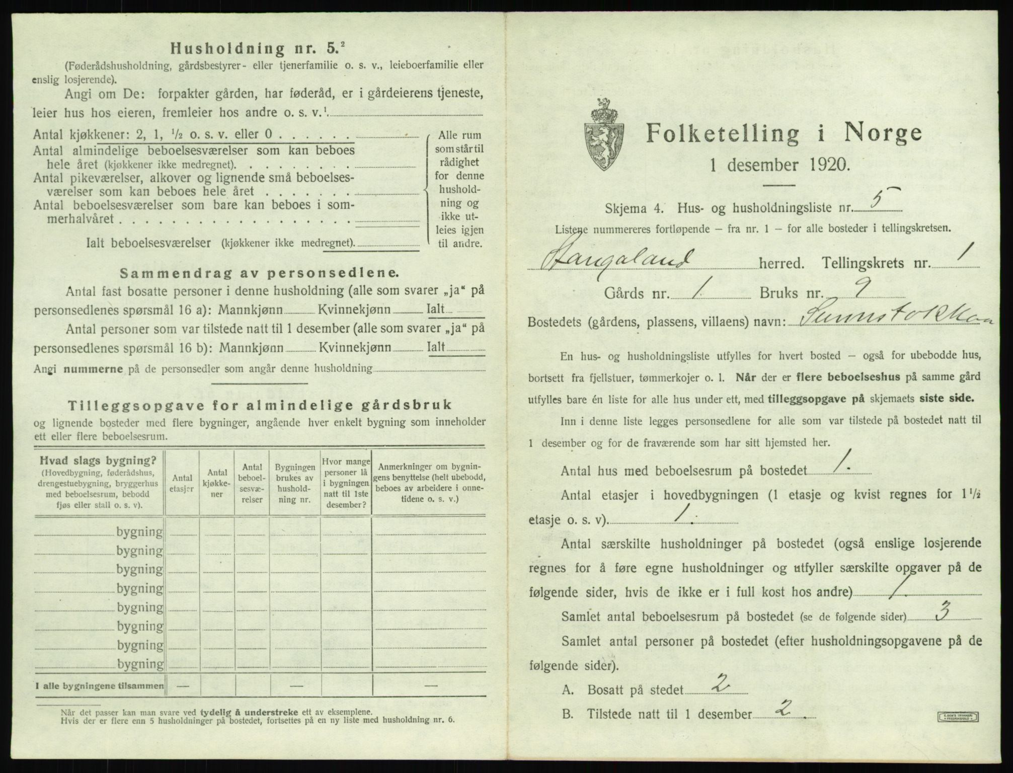 SAST, 1920 census for Stangaland, 1920, p. 37