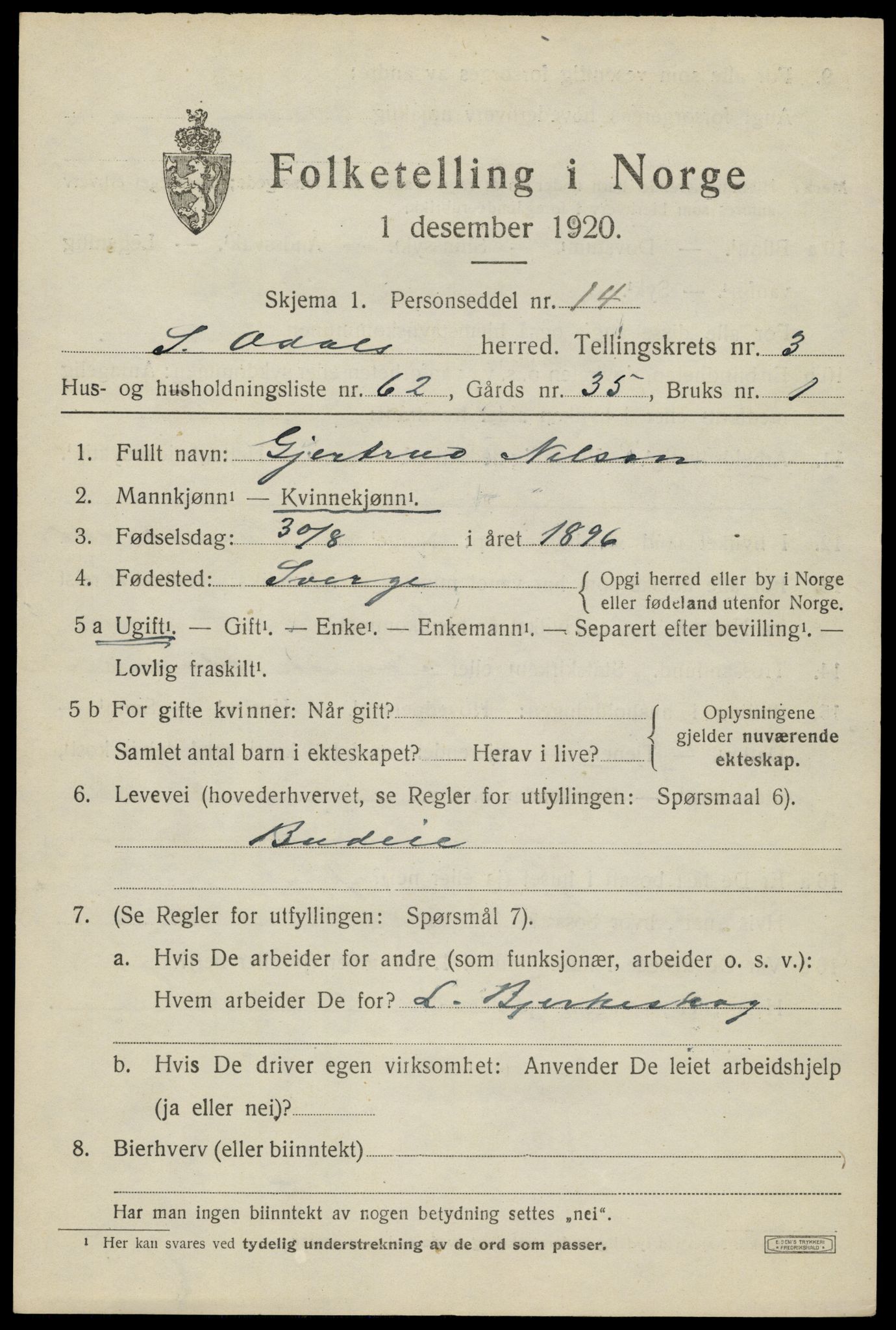 SAH, 1920 census for Sør-Odal, 1920, p. 5015