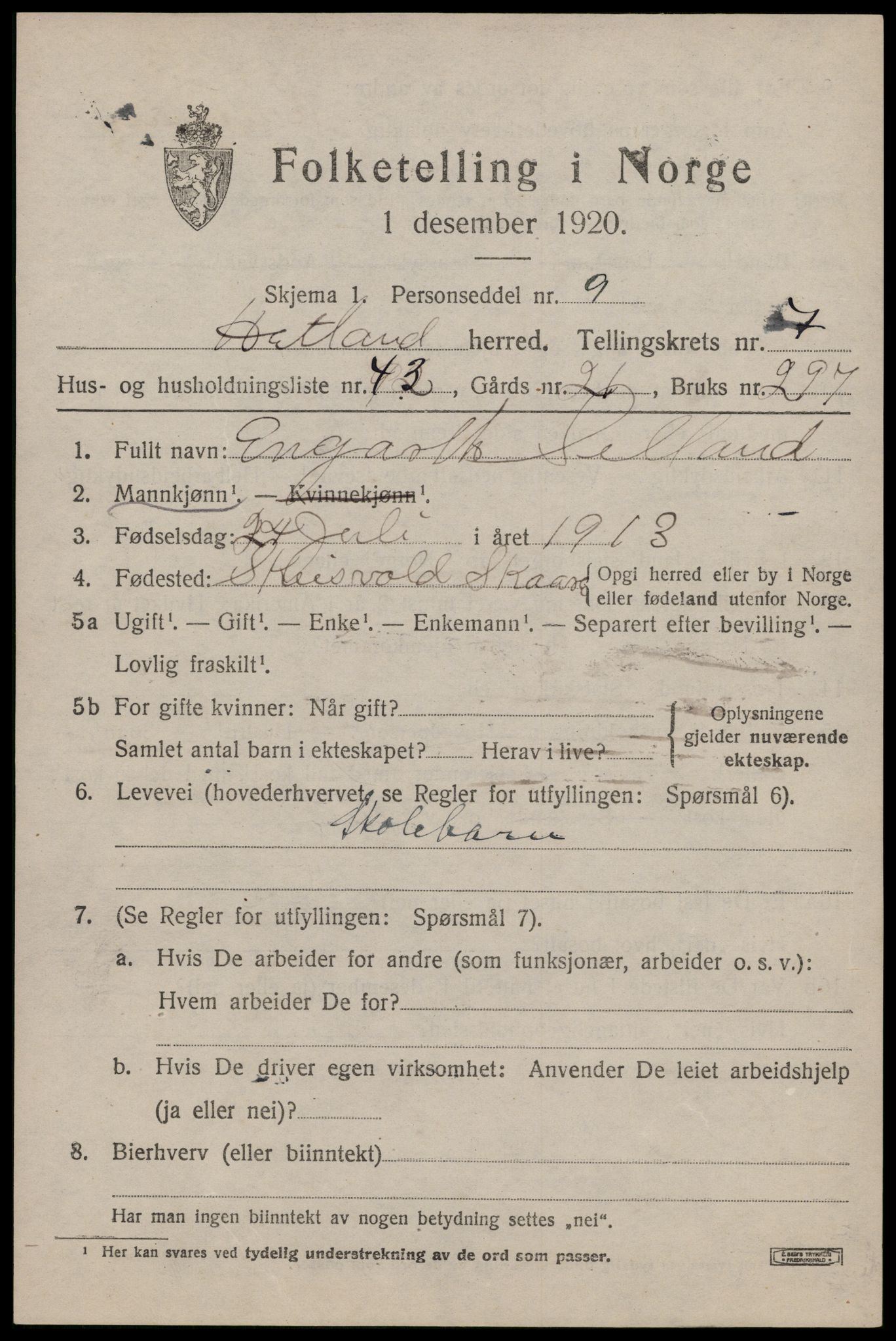 SAST, 1920 census for Hetland, 1920, p. 14447