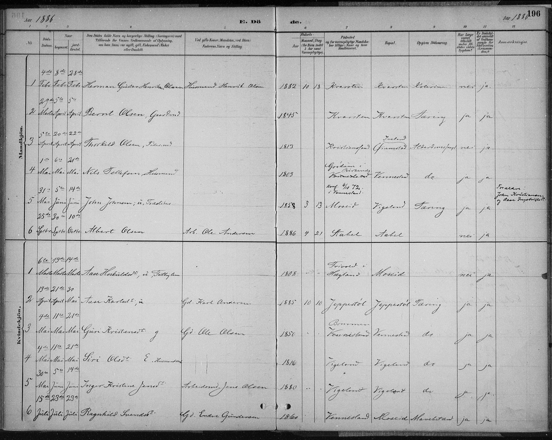 Vennesla sokneprestkontor, AV/SAK-1111-0045/Fa/Fab/L0004: Parish register (official) no. A 4, 1884-1896, p. 196