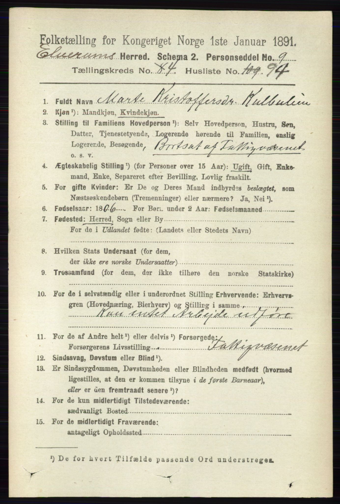 RA, 1891 census for 0427 Elverum, 1891, p. 2922