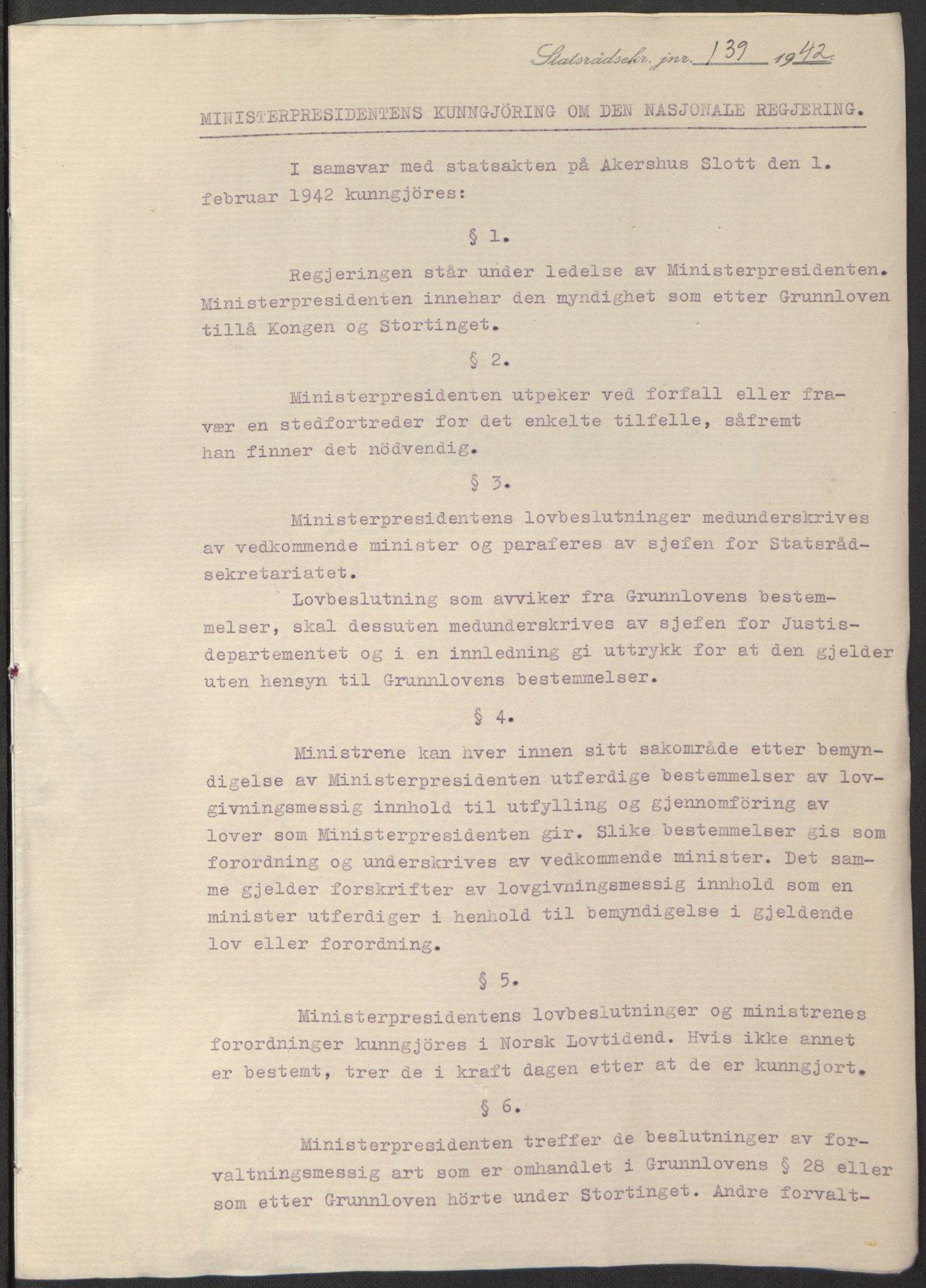 NS-administrasjonen 1940-1945 (Statsrådsekretariatet, de kommisariske statsråder mm), RA/S-4279/D/Db/L0097: Lover I, 1942, p. 3