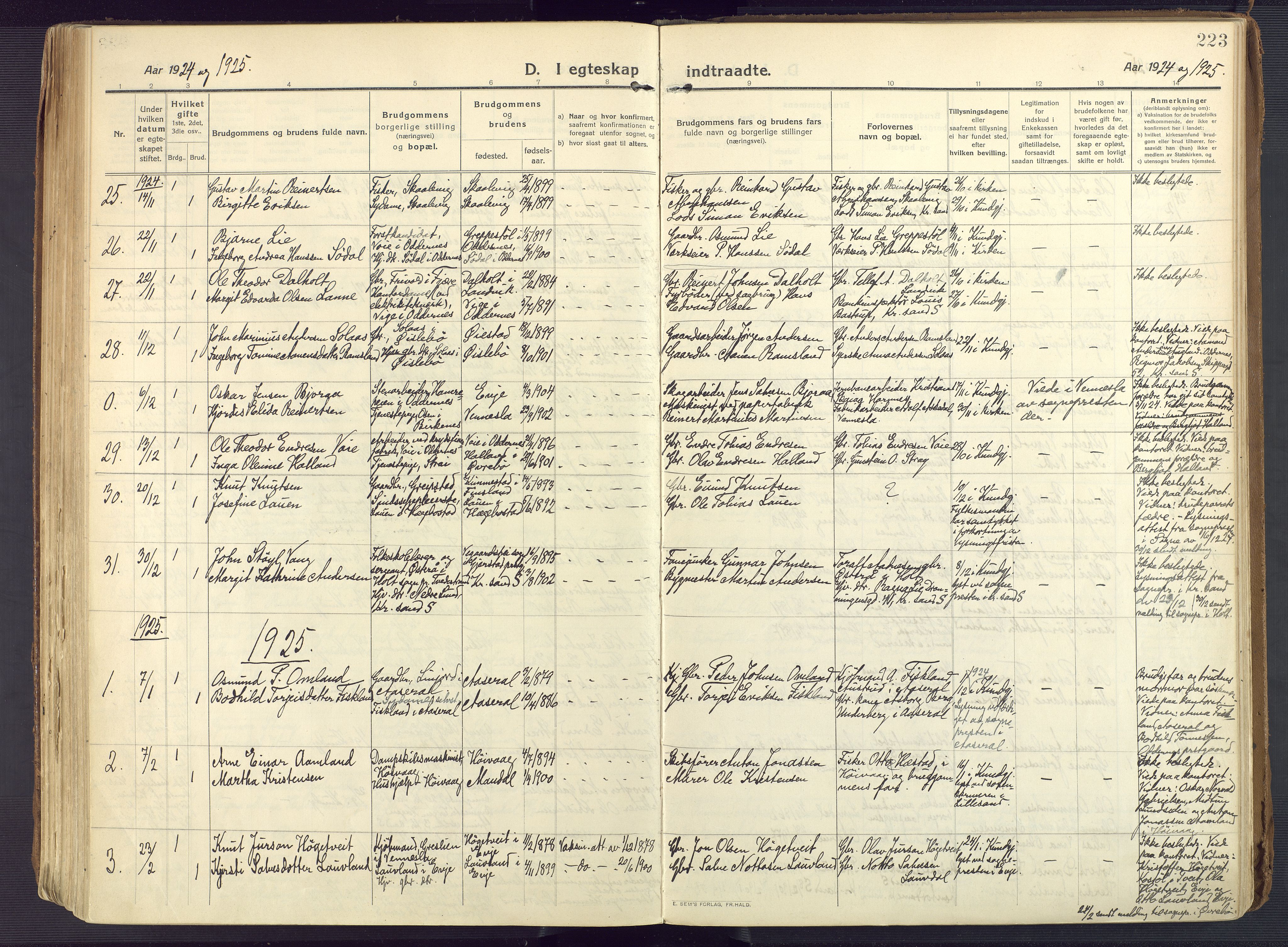 Oddernes sokneprestkontor, AV/SAK-1111-0033/F/Fa/Faa/L0012: Parish register (official) no. A 12, 1912-1925, p. 223