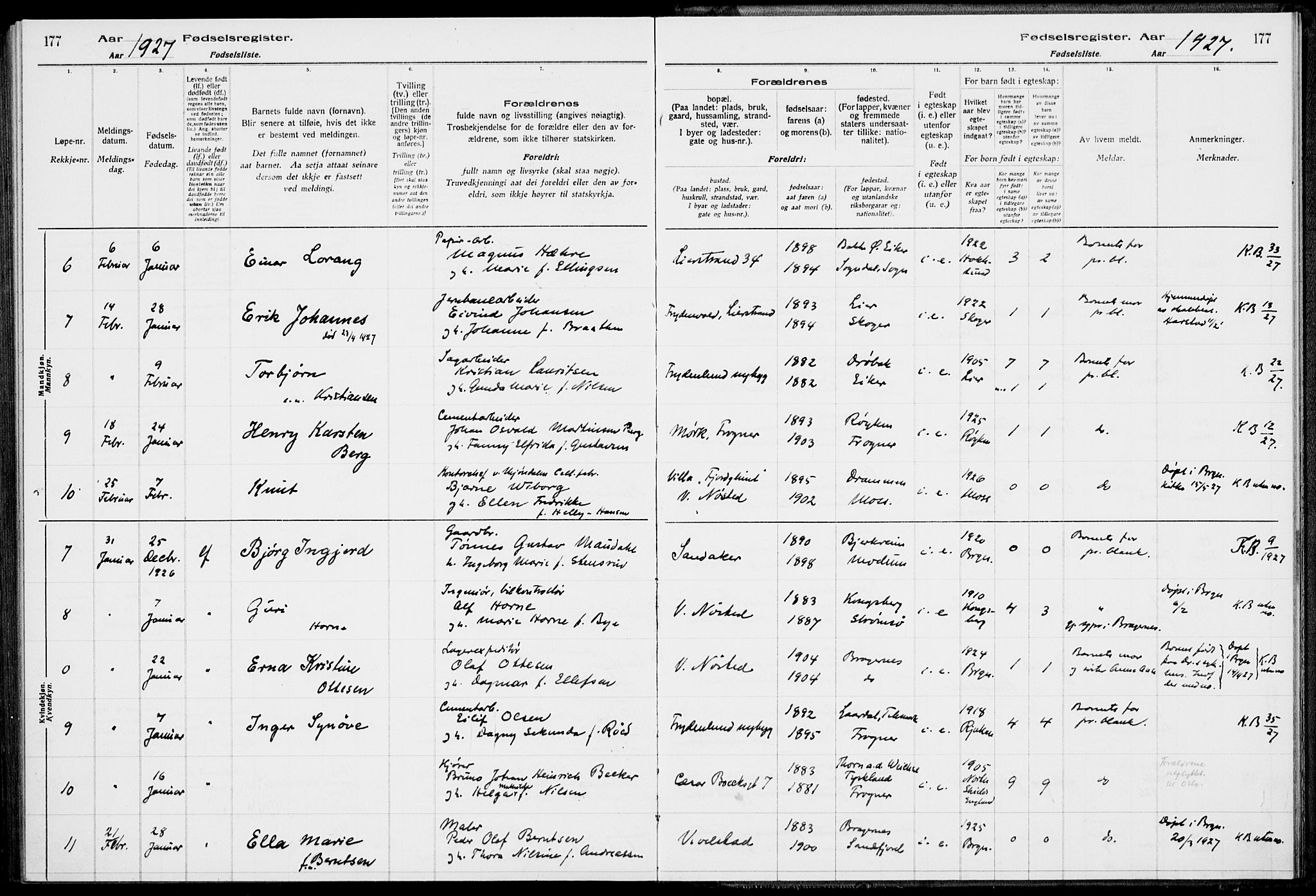 Lier kirkebøker, AV/SAKO-A-230/J/Ja/L0001: Birth register no. 1, 1916-1928, p. 177