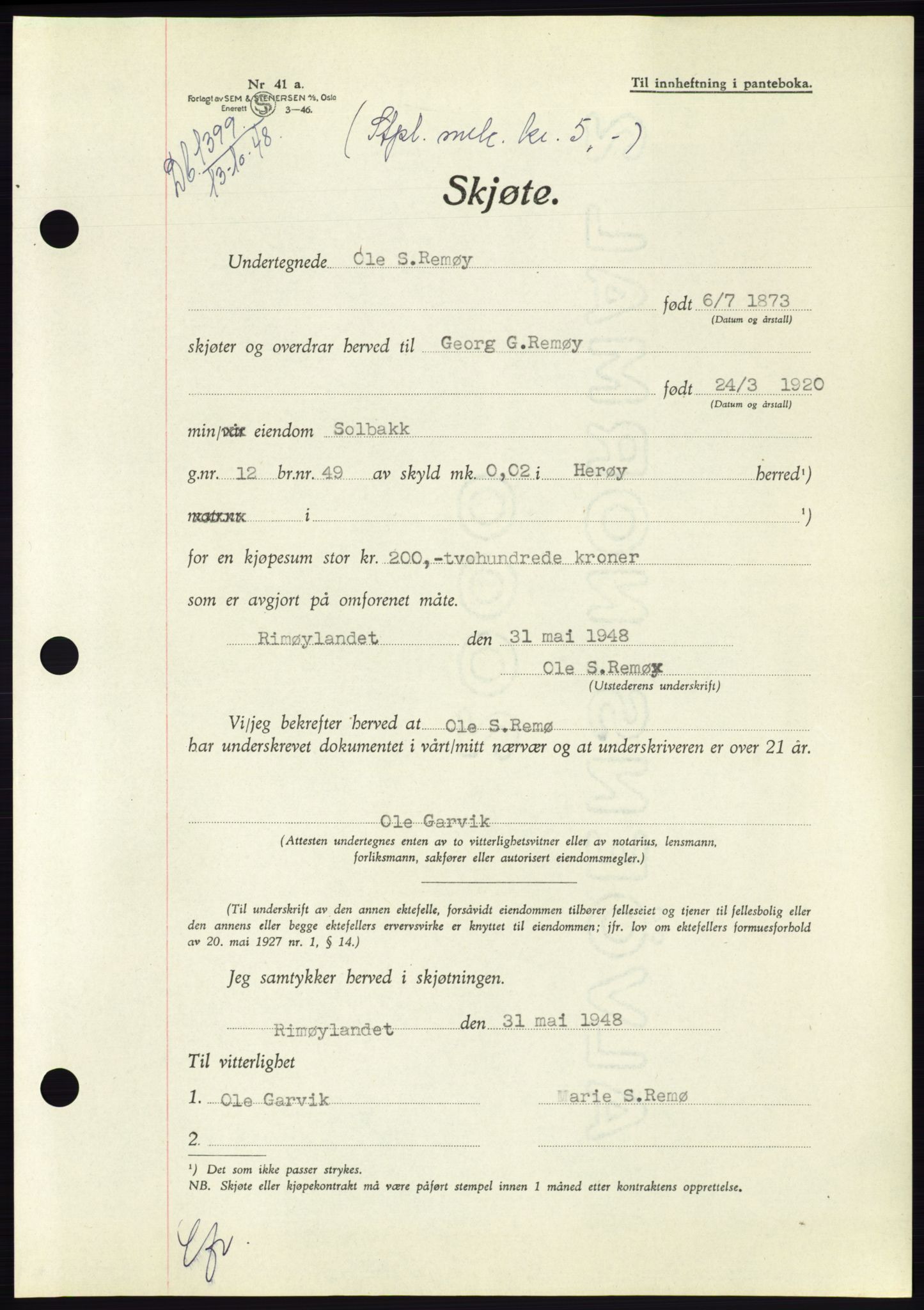 Søre Sunnmøre sorenskriveri, AV/SAT-A-4122/1/2/2C/L0083: Mortgage book no. 9A, 1948-1949, Diary no: : 1399/1948