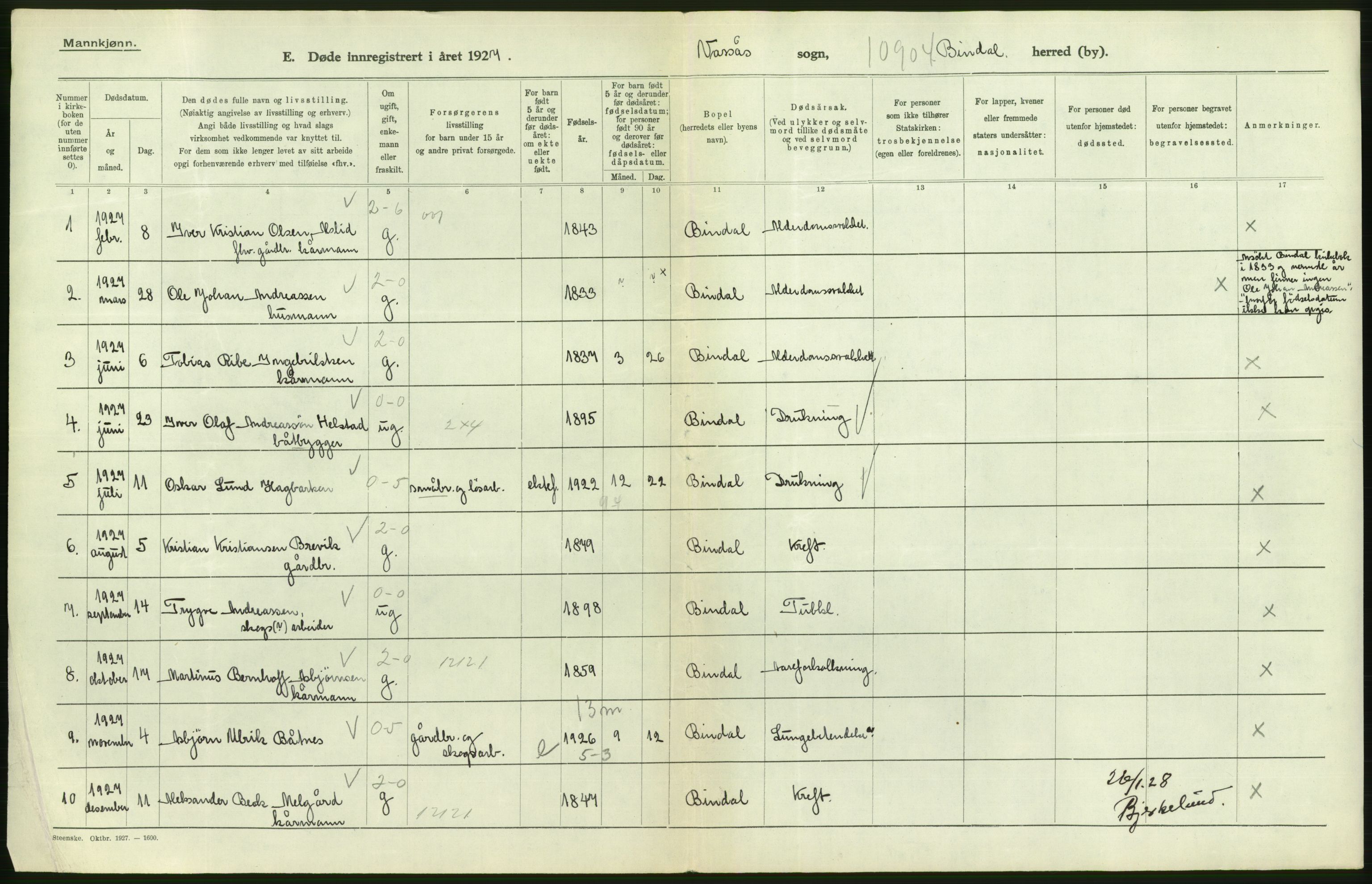 Statistisk sentralbyrå, Sosiodemografiske emner, Befolkning, AV/RA-S-2228/D/Df/Dfc/Dfcg/L0042: Nordland fylke: Døde. Bygder og byer., 1927, p. 310