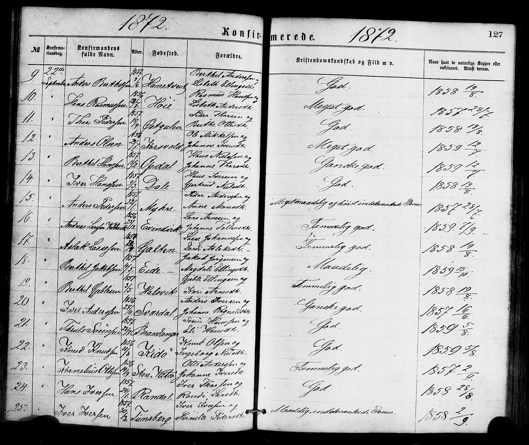 Gulen sokneprestembete, AV/SAB-A-80201/H/Haa/Haaa/L0023: Parish register (official) no. A 23, 1870-1880, p. 127