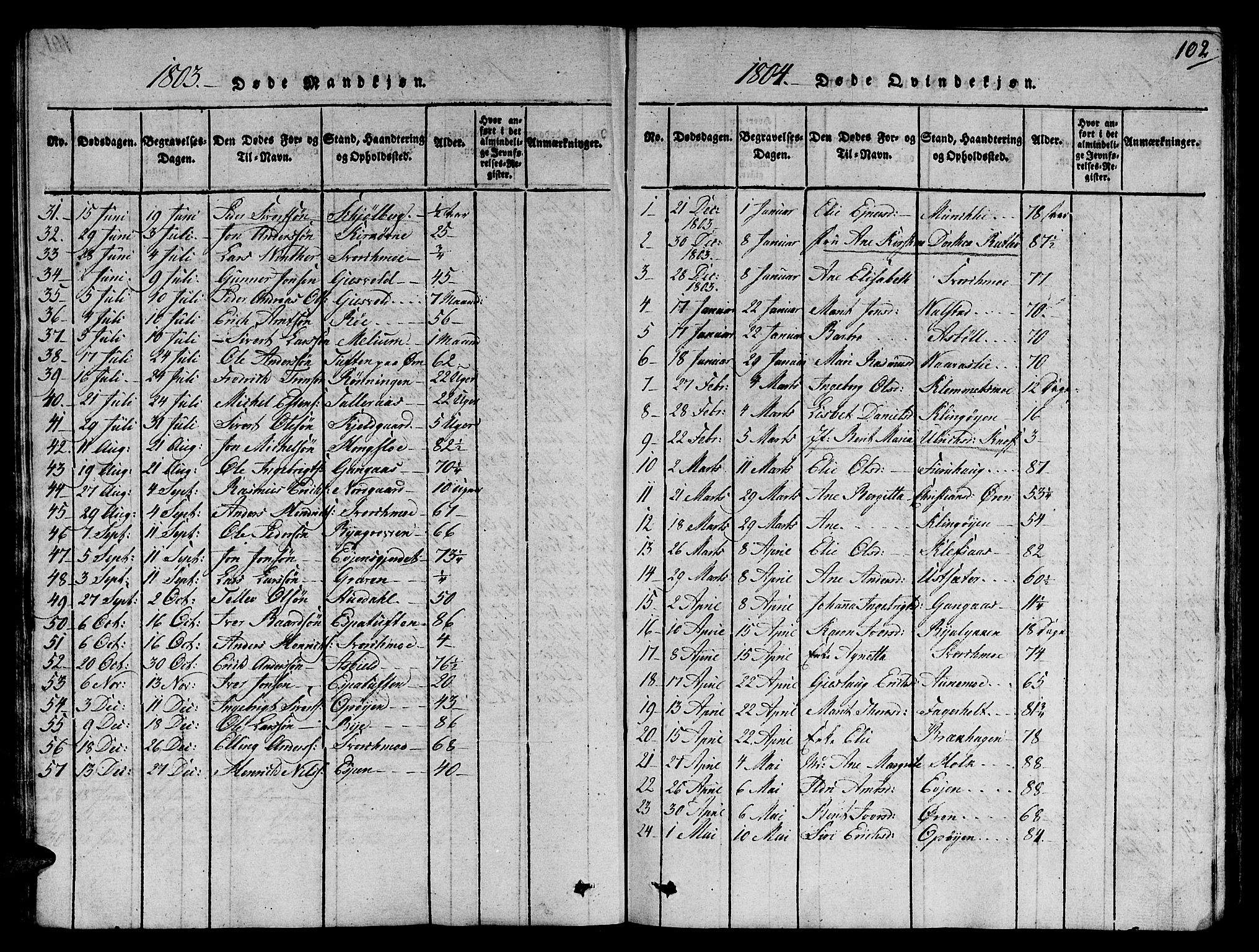 Ministerialprotokoller, klokkerbøker og fødselsregistre - Sør-Trøndelag, SAT/A-1456/668/L0803: Parish register (official) no. 668A03, 1800-1826, p. 102
