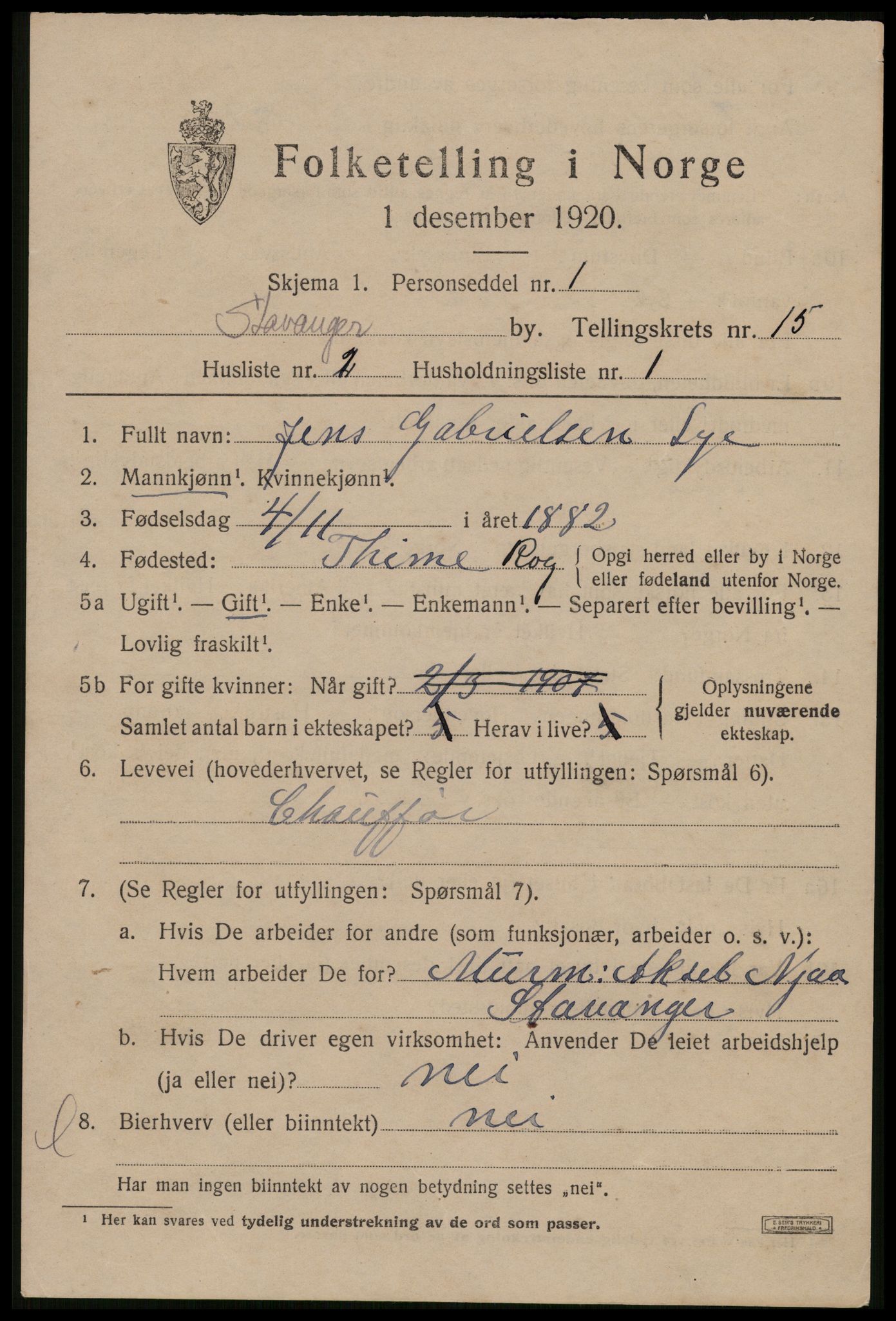 SAST, 1920 census for Stavanger, 1920, p. 61442