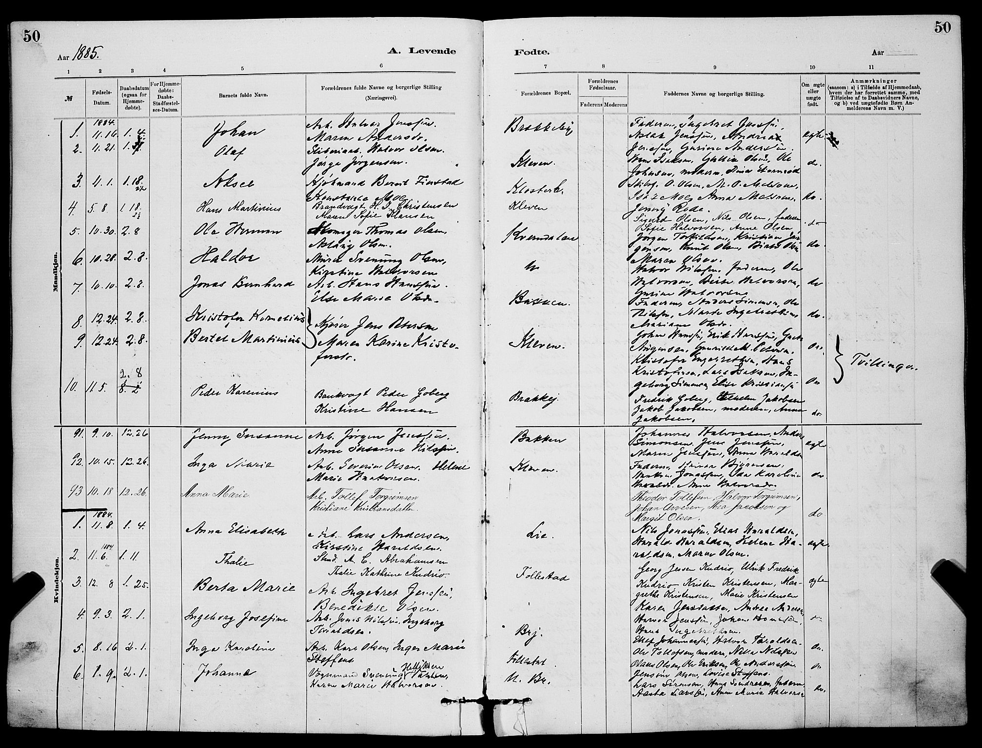 Skien kirkebøker, SAKO/A-302/G/Ga/L0006: Parish register (copy) no. 6, 1881-1890, p. 50