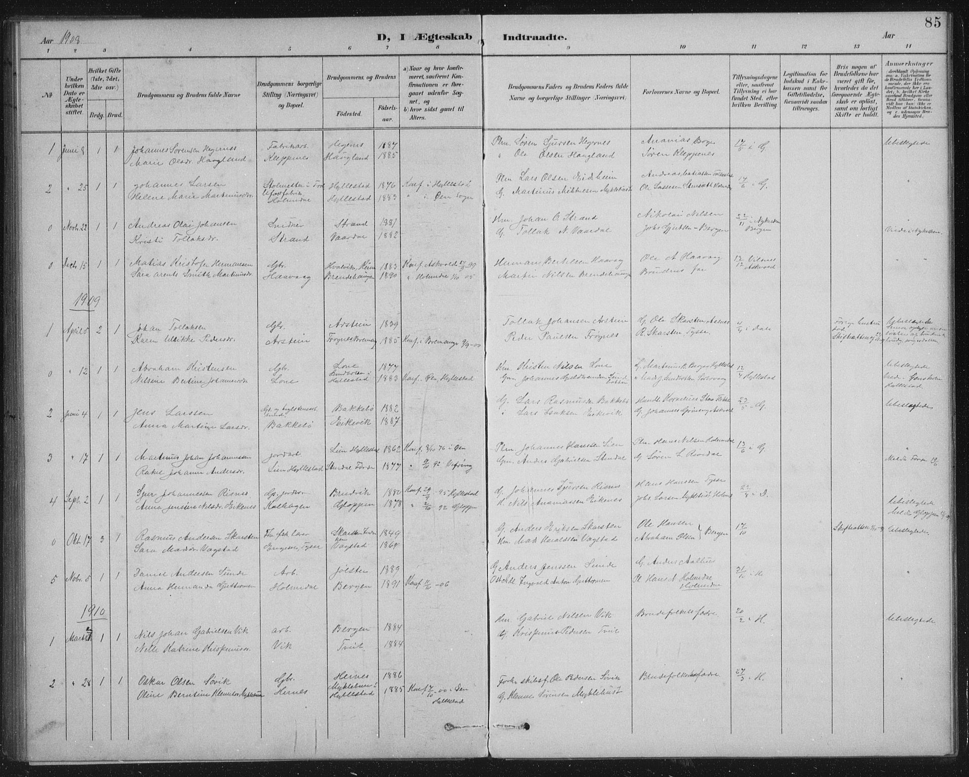 Fjaler sokneprestembete, AV/SAB-A-79801/H/Hab/Habb/L0002: Parish register (copy) no. B 2, 1895-1915, p. 85