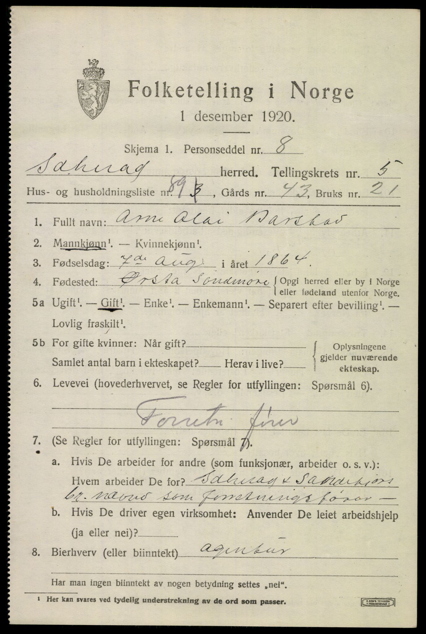 SAKO, 1920 census for Sandeherred, 1920, p. 9260