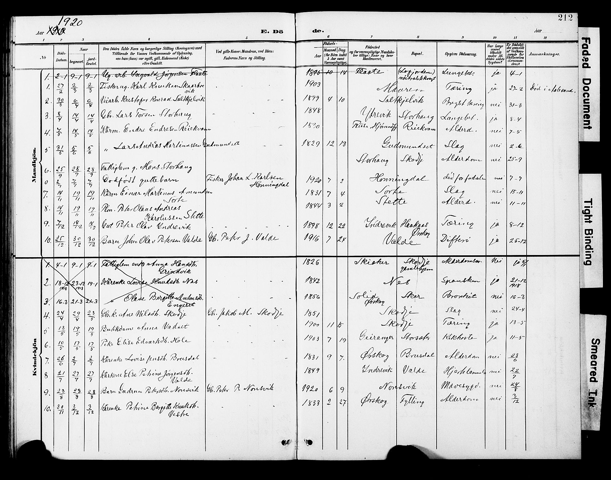 Ministerialprotokoller, klokkerbøker og fødselsregistre - Møre og Romsdal, AV/SAT-A-1454/524/L0366: Parish register (copy) no. 524C07, 1900-1931, p. 212