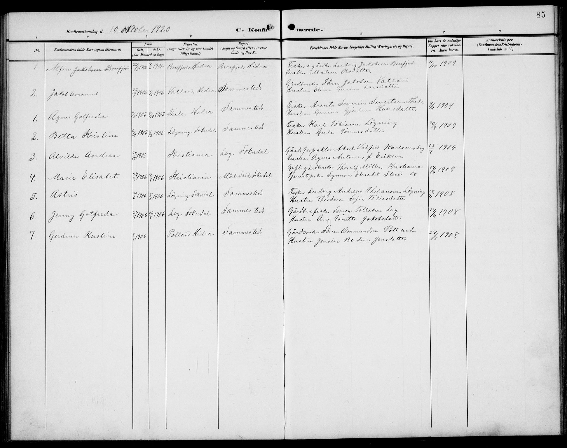 Sokndal sokneprestkontor, AV/SAST-A-101808: Parish register (copy) no. B 7, 1904-1935, p. 85