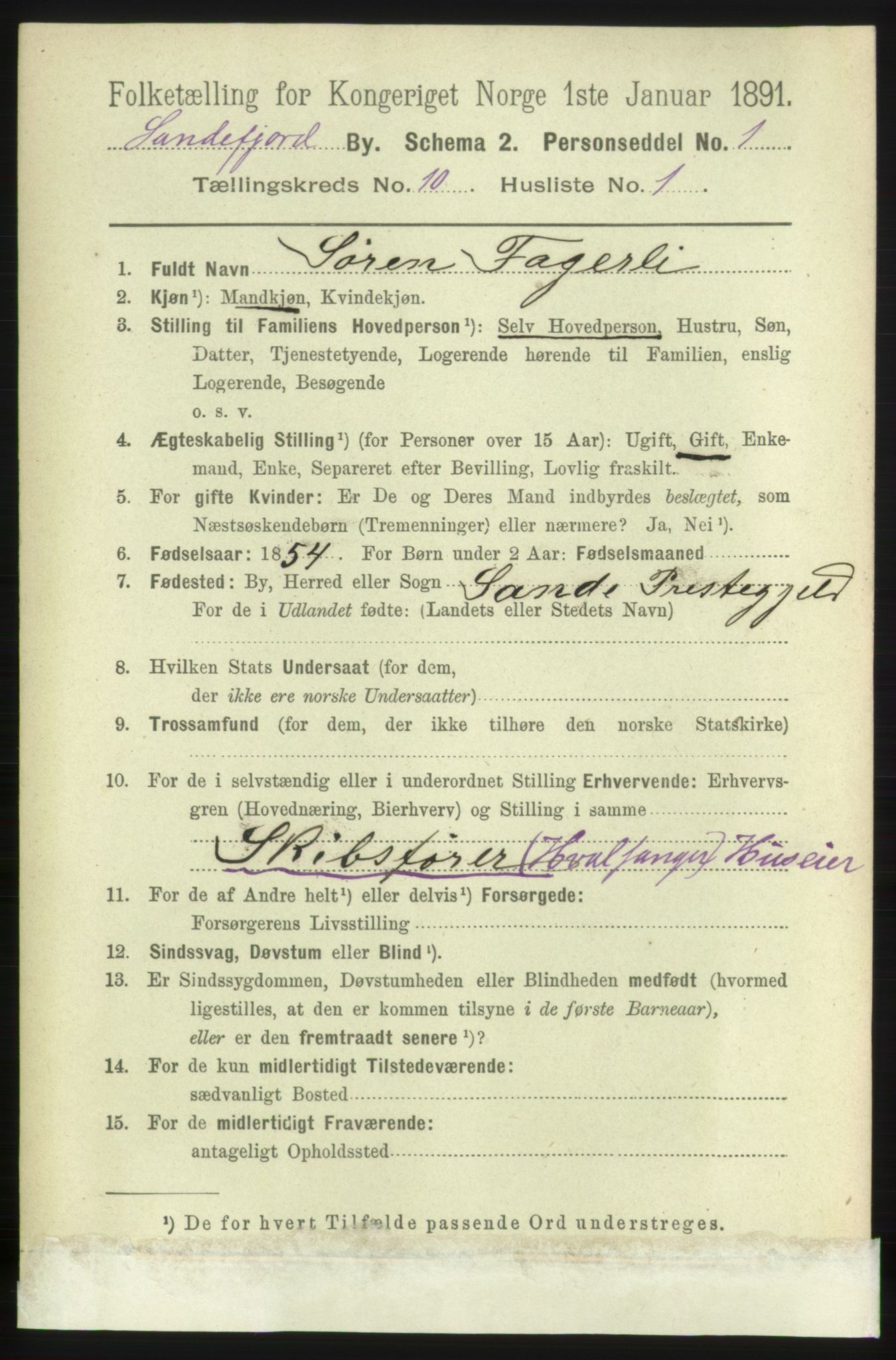 RA, 1891 census for 0706 Sandefjord, 1891, p. 3748