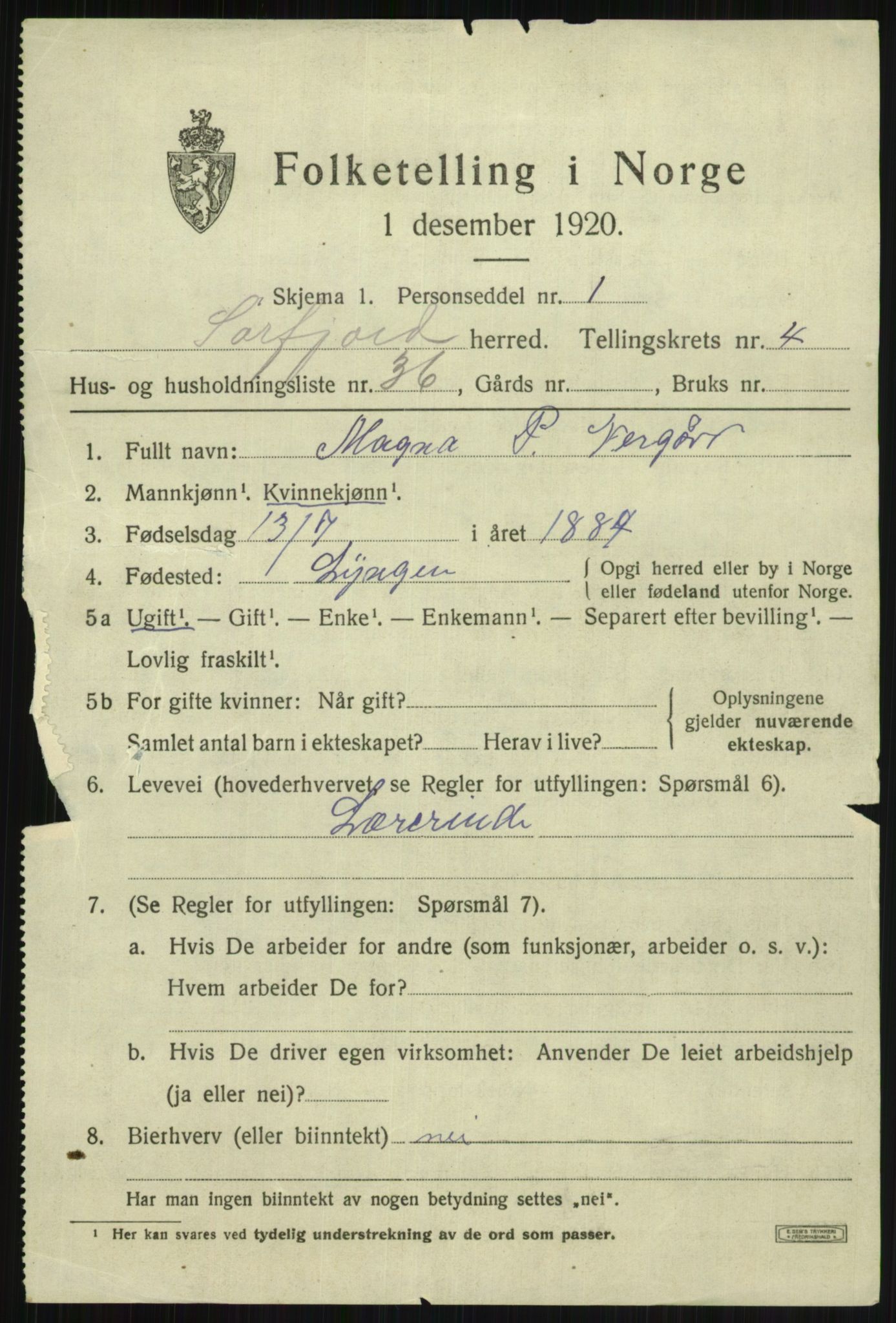 SATØ, 1920 census for Sørfjord, 1920, p. 1836