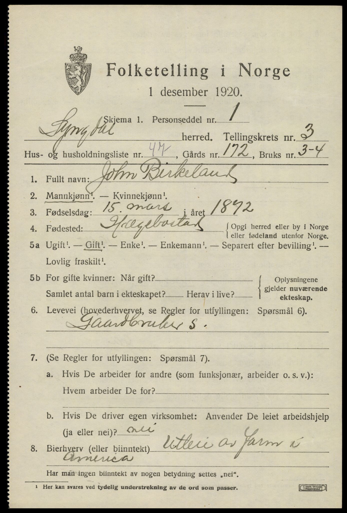 SAK, 1920 census for Lyngdal, 1920, p. 2293