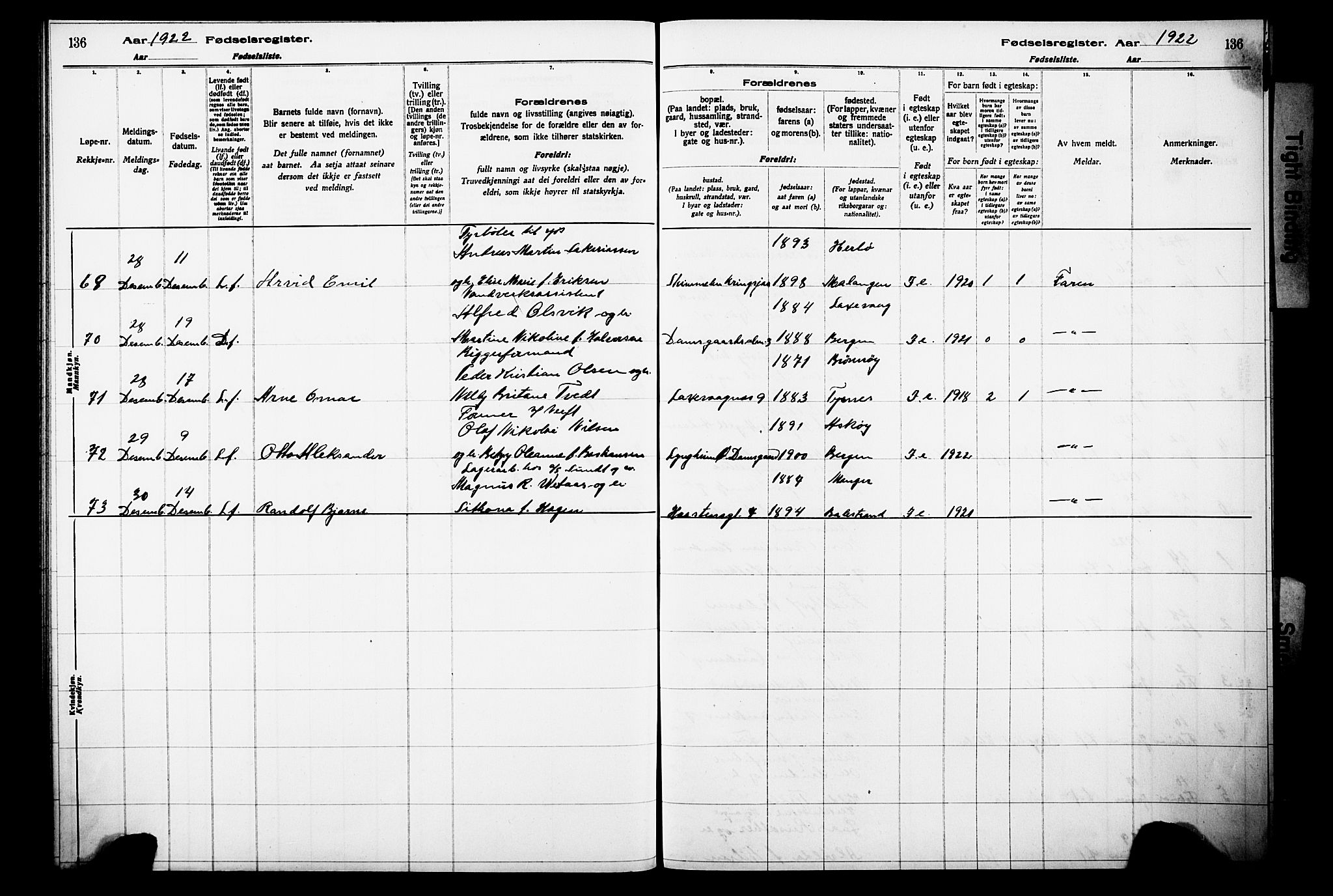 Laksevåg Sokneprestembete, AV/SAB-A-76501/I/Id/L00A1: Birth register no. A 1, 1916-1926, p. 136