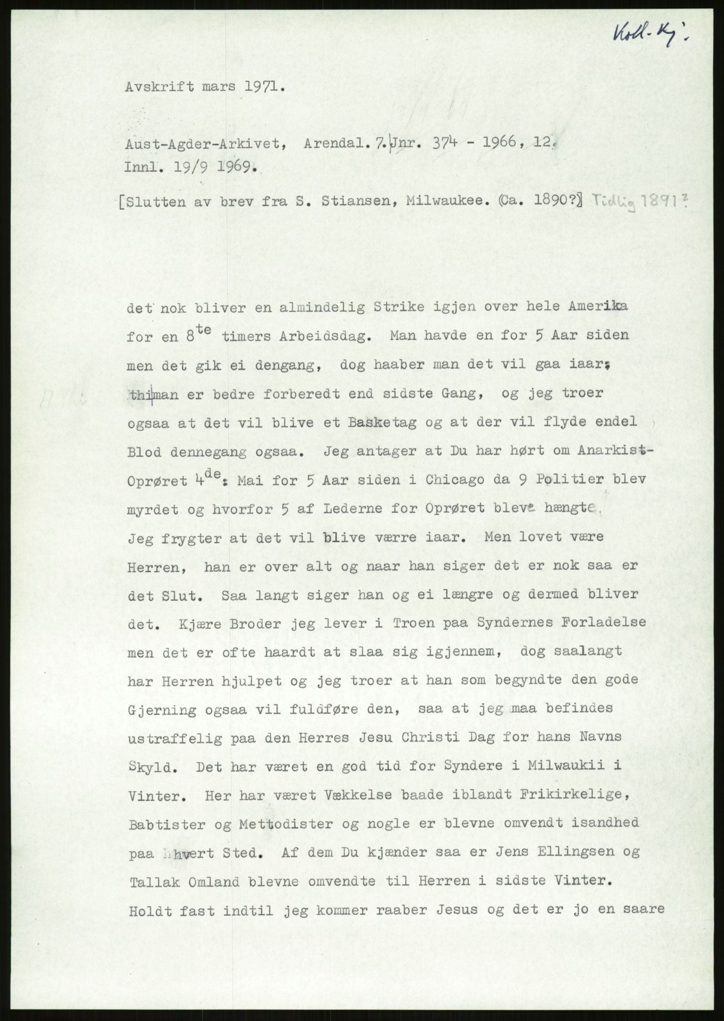 Samlinger til kildeutgivelse, Amerikabrevene, AV/RA-EA-4057/F/L0026: Innlån fra Aust-Agder: Aust-Agder-Arkivet - Erickson, 1838-1914, p. 509