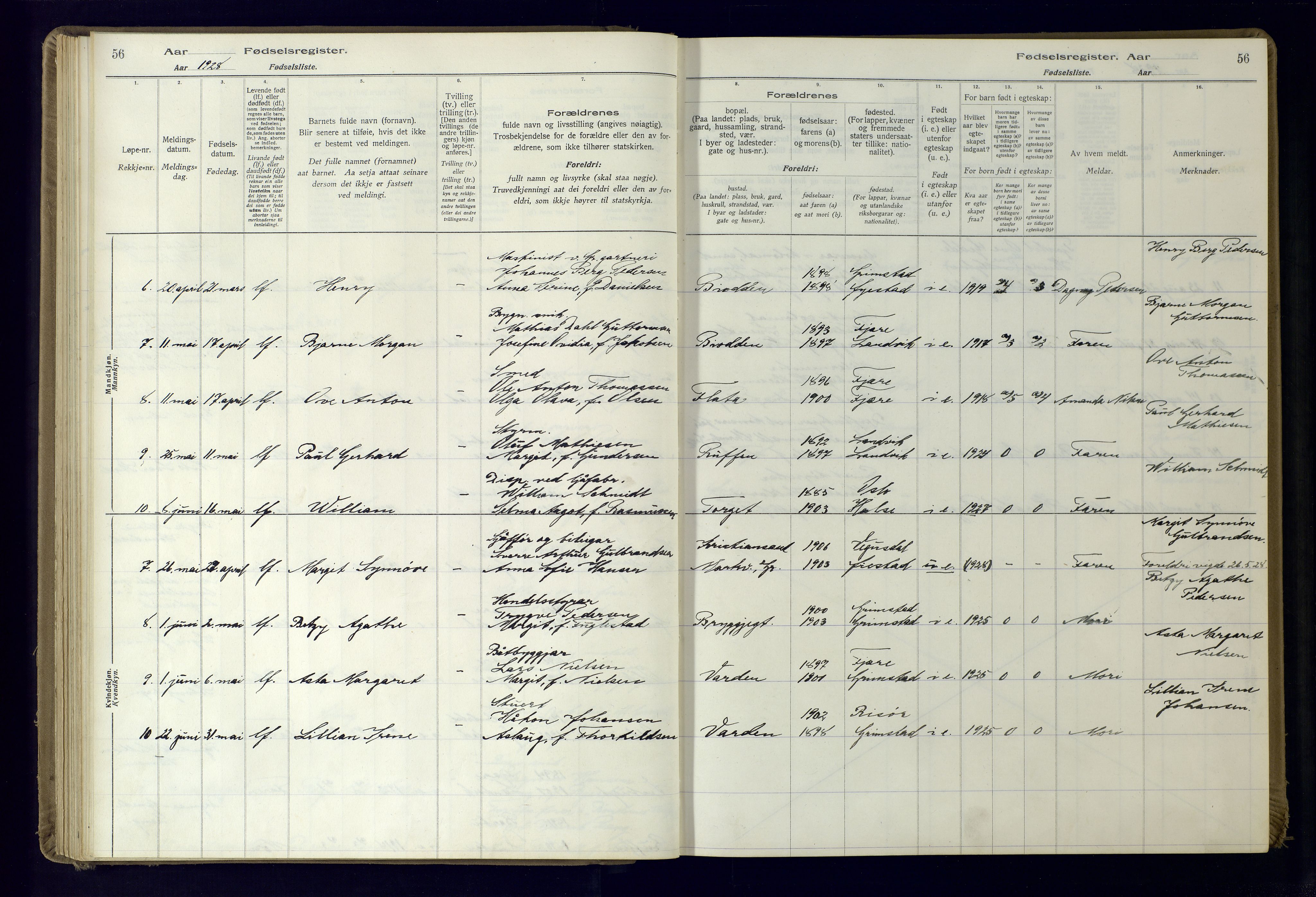 Grimstad sokneprestkontor, AV/SAK-1111-0017/J/Ja/L0001: Birth register no. 1, 1916-1960, p. 56