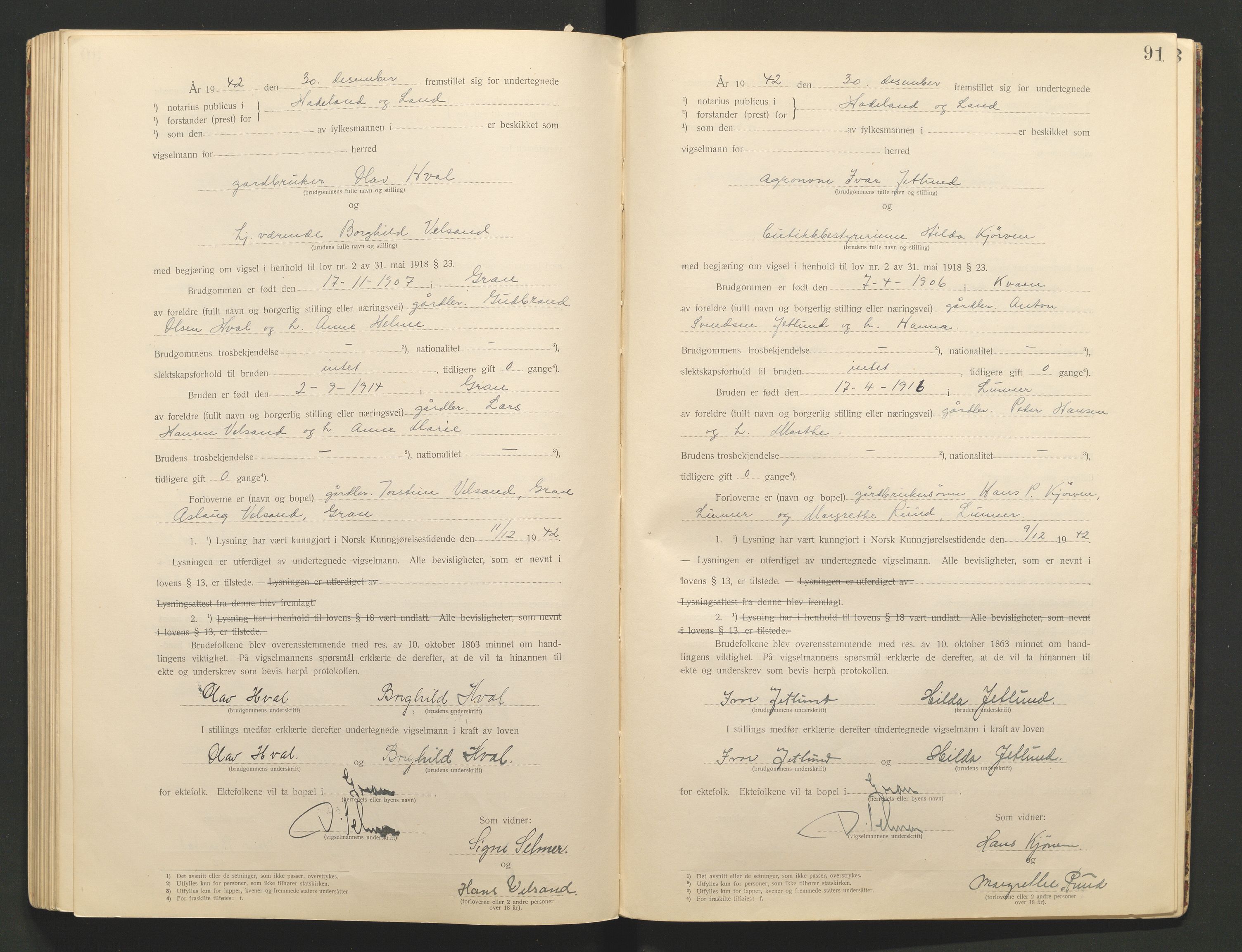 Hadeland og Land tingrett, AV/SAH-TING-010/L/Lb/L0001: Vigselbok, 1920-1943, p. 91