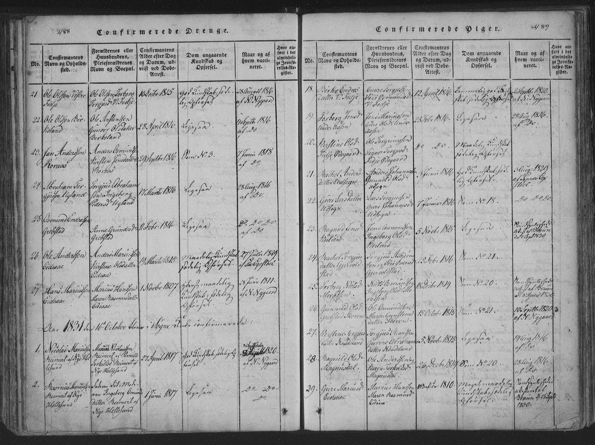 Søgne sokneprestkontor, SAK/1111-0037/F/Fa/Fab/L0008: Parish register (official) no. A 8, 1821-1838, p. 488-489