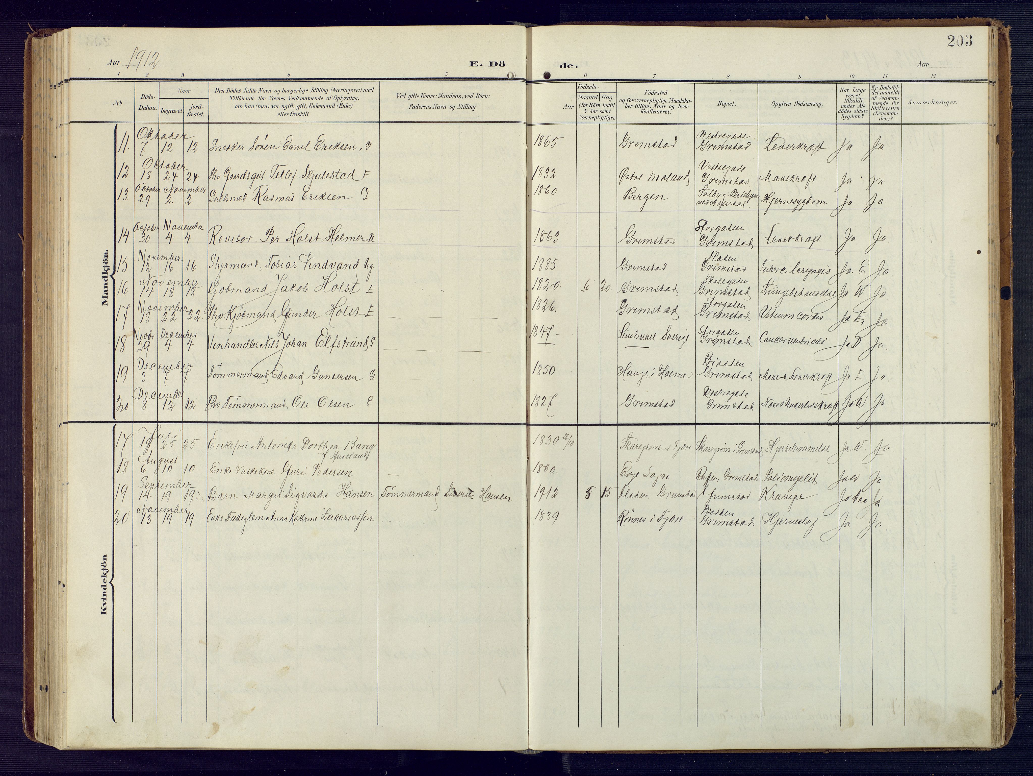 Grimstad sokneprestkontor, SAK/1111-0017/F/Fa/L0005: Parish register (official) no. A 4, 1911-1924, p. 203