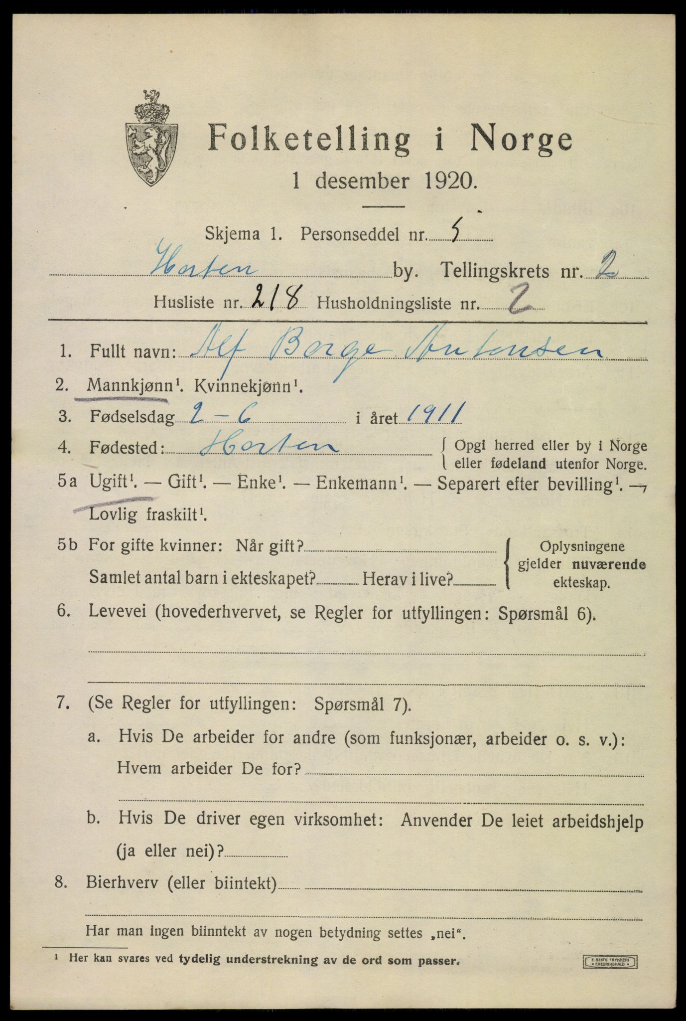 SAKO, 1920 census for Horten, 1920, p. 13439