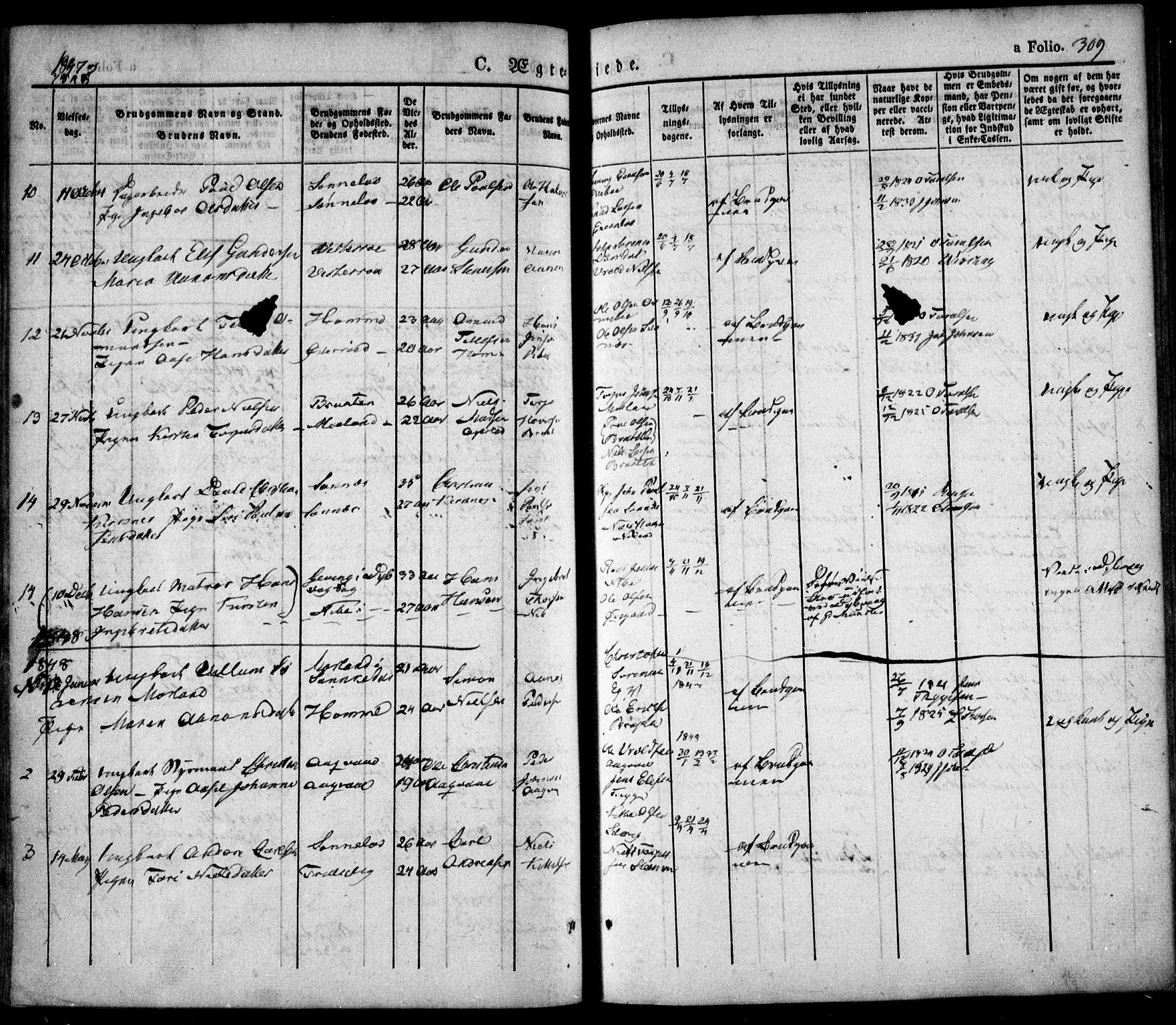 Søndeled sokneprestkontor, AV/SAK-1111-0038/F/Fa/L0002: Parish register (official) no. A 2, 1839-1860, p. 309