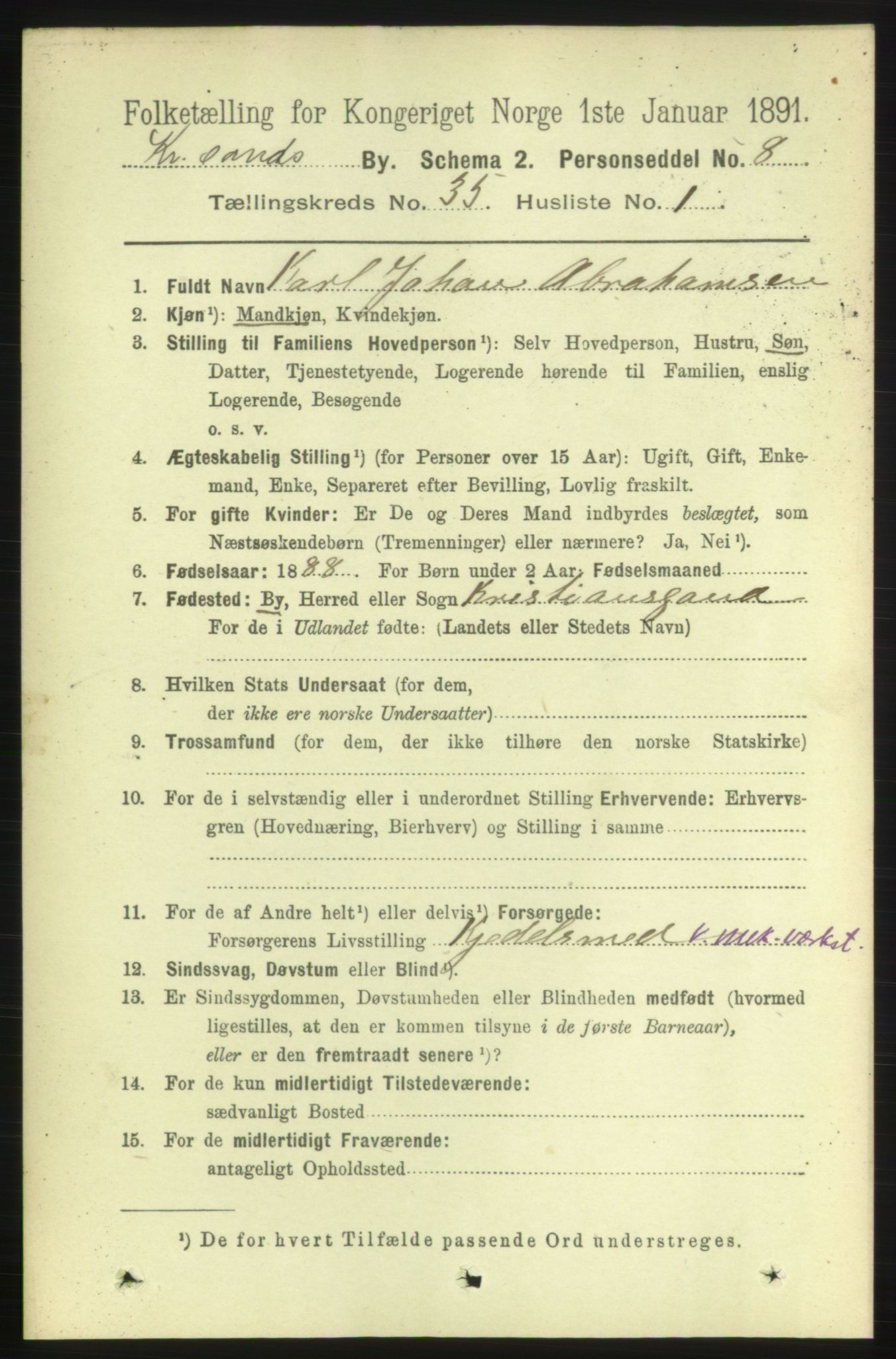 RA, 1891 census for 1001 Kristiansand, 1891, p. 11019