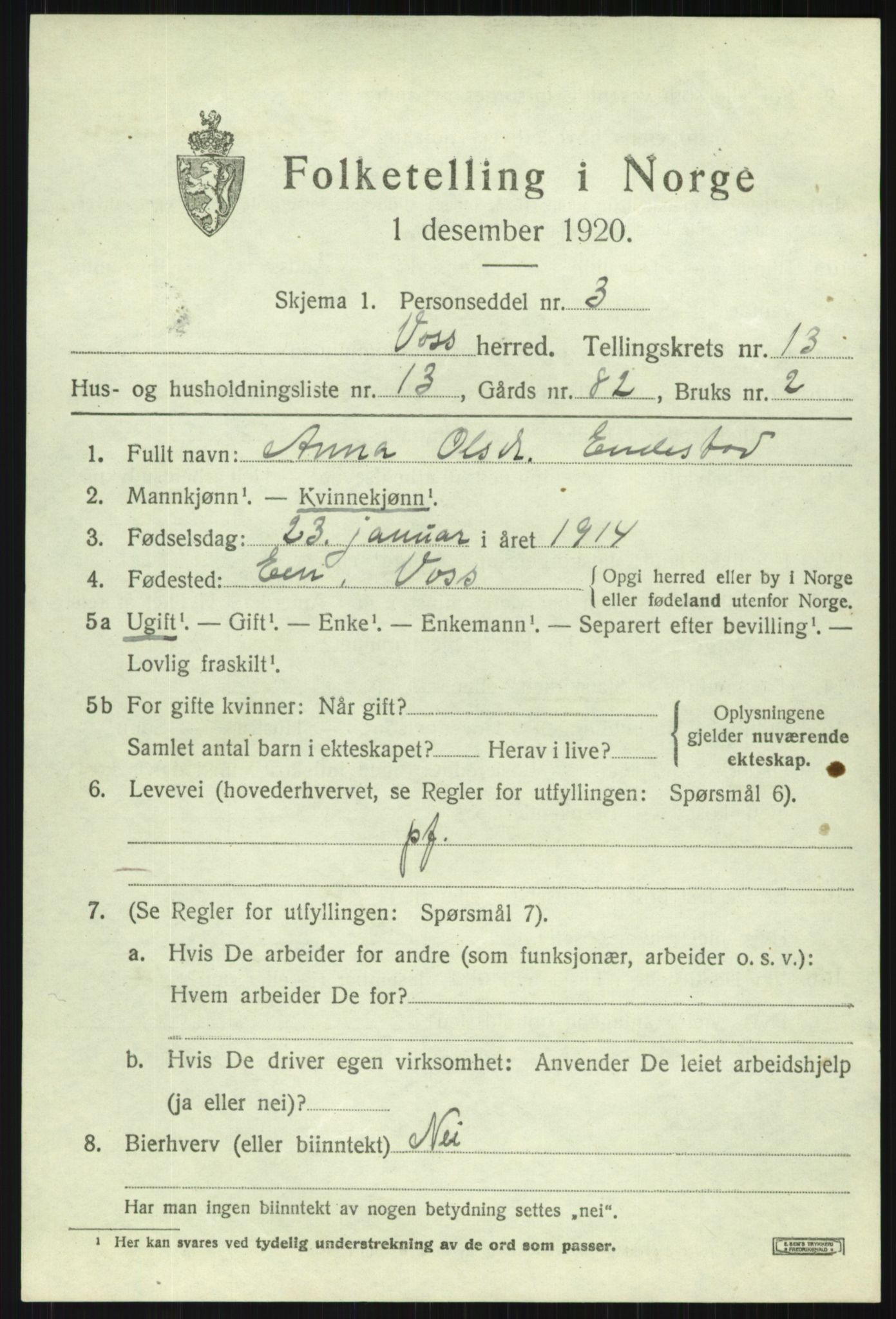 SAB, 1920 census for Voss, 1920, p. 11307